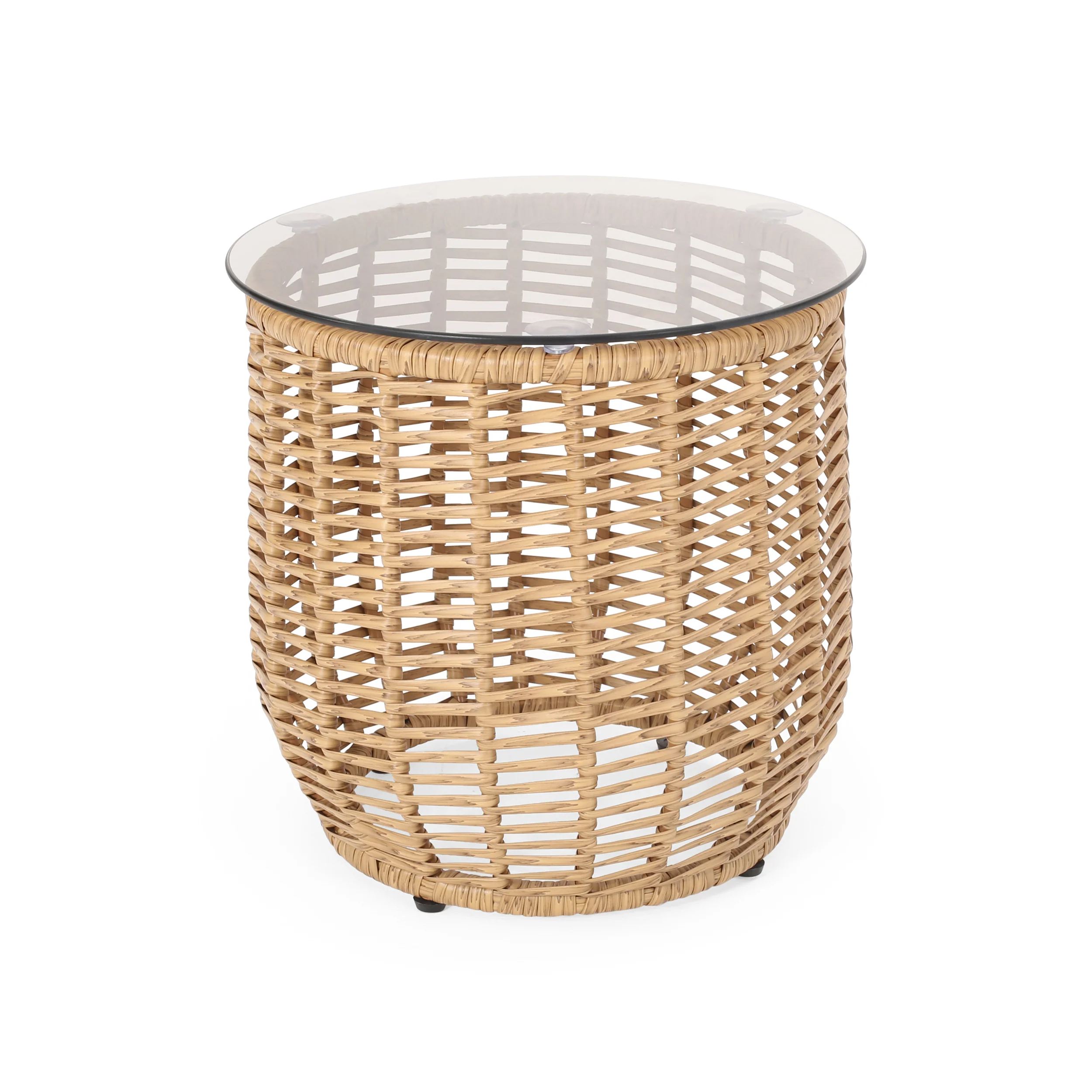 Outdoor Rattan Side Table with Tempered Glass Top and Metal Frame