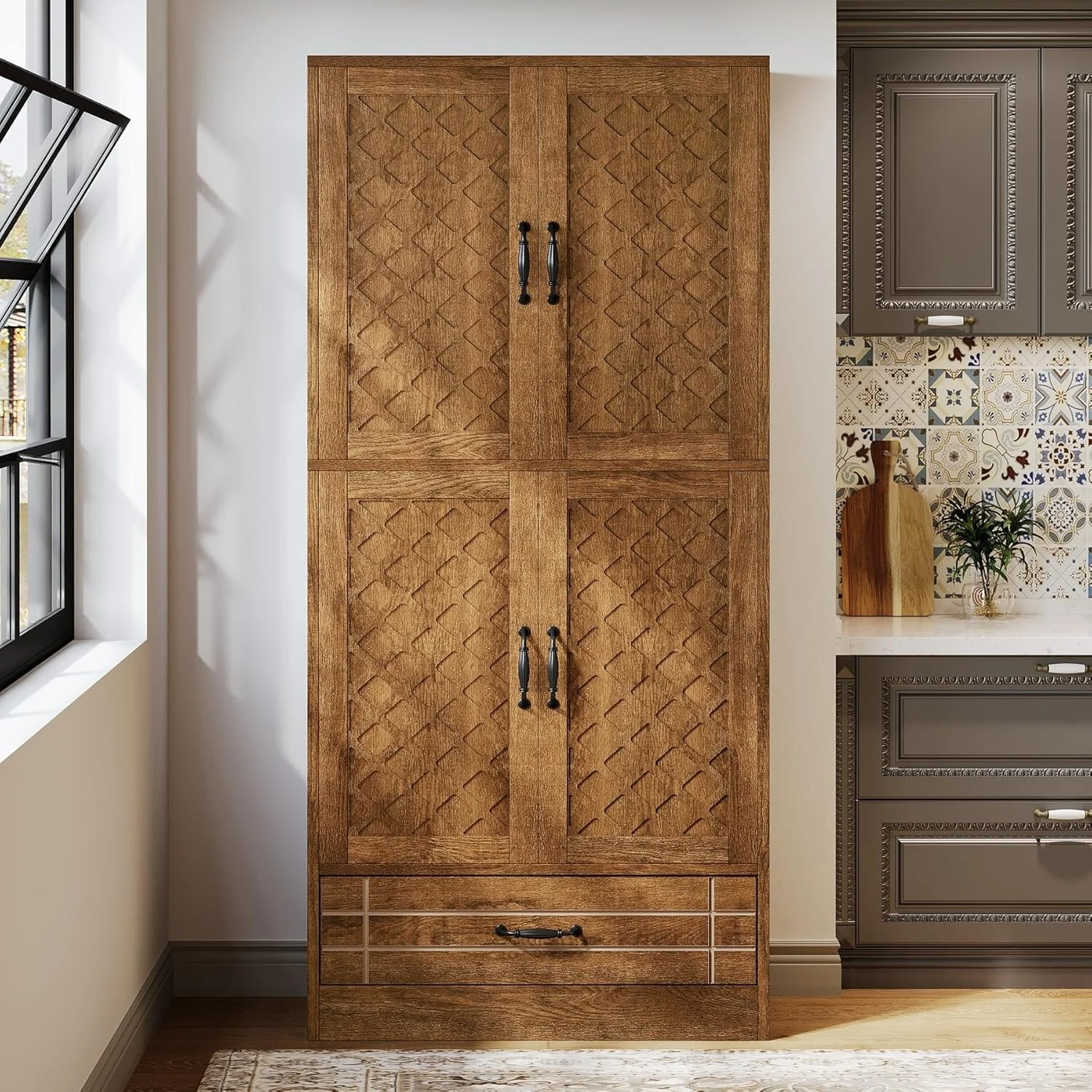 70-Inch Kitchen Pantry Cabinet, Tall Bakers' Rack Kitchen Cabinet with Doors and Drawer - N/A