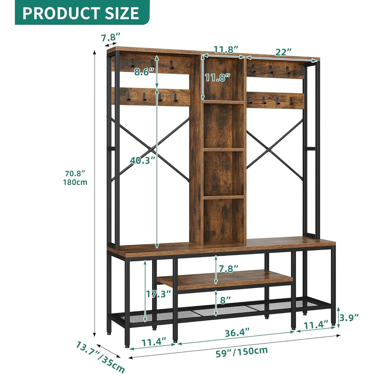 Moasis 5-in-1 Entryway Coat Rack Shoe Bench, Industrial Hall Tree Coat Shoe Rack with Hutch