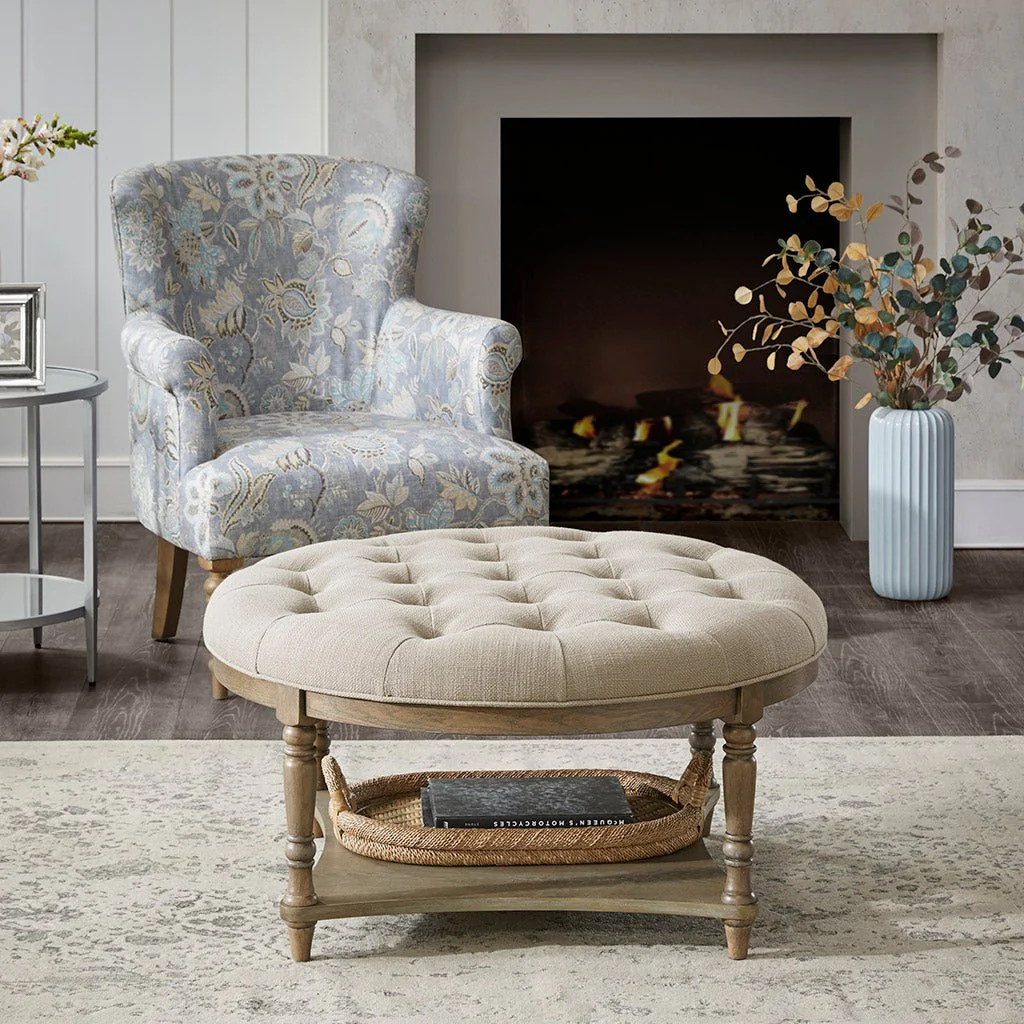 Button Tufted Round Ottoman with Turned Legs