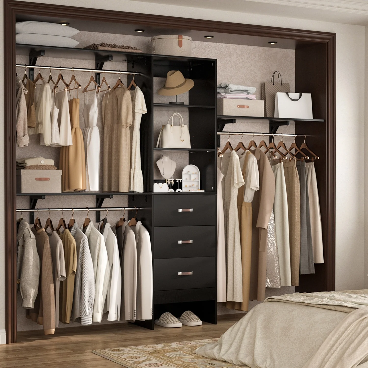 Rackcog 120'' Closet Organizer with Drawers, Closet System with DIY Shelves for Reach-in and Walk-in Closet