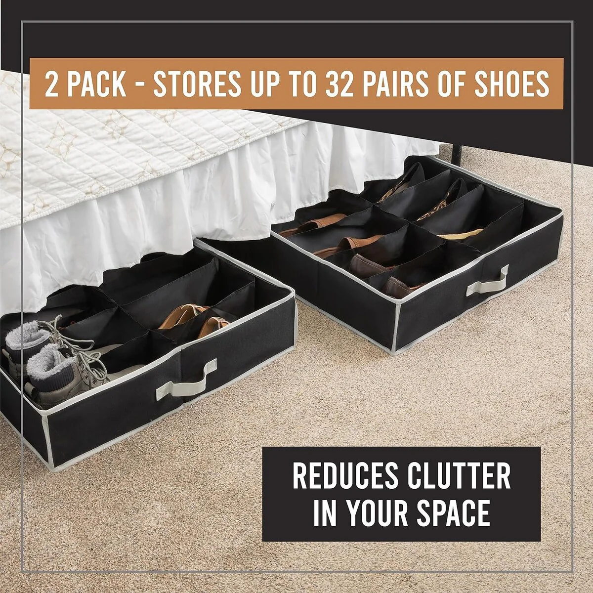 HOLDN' STORAGE Under Bed Shoe Organizer - Set of 2, Tear-Resistant 600D Material - Holds Up to 32 Pairs of Shoes