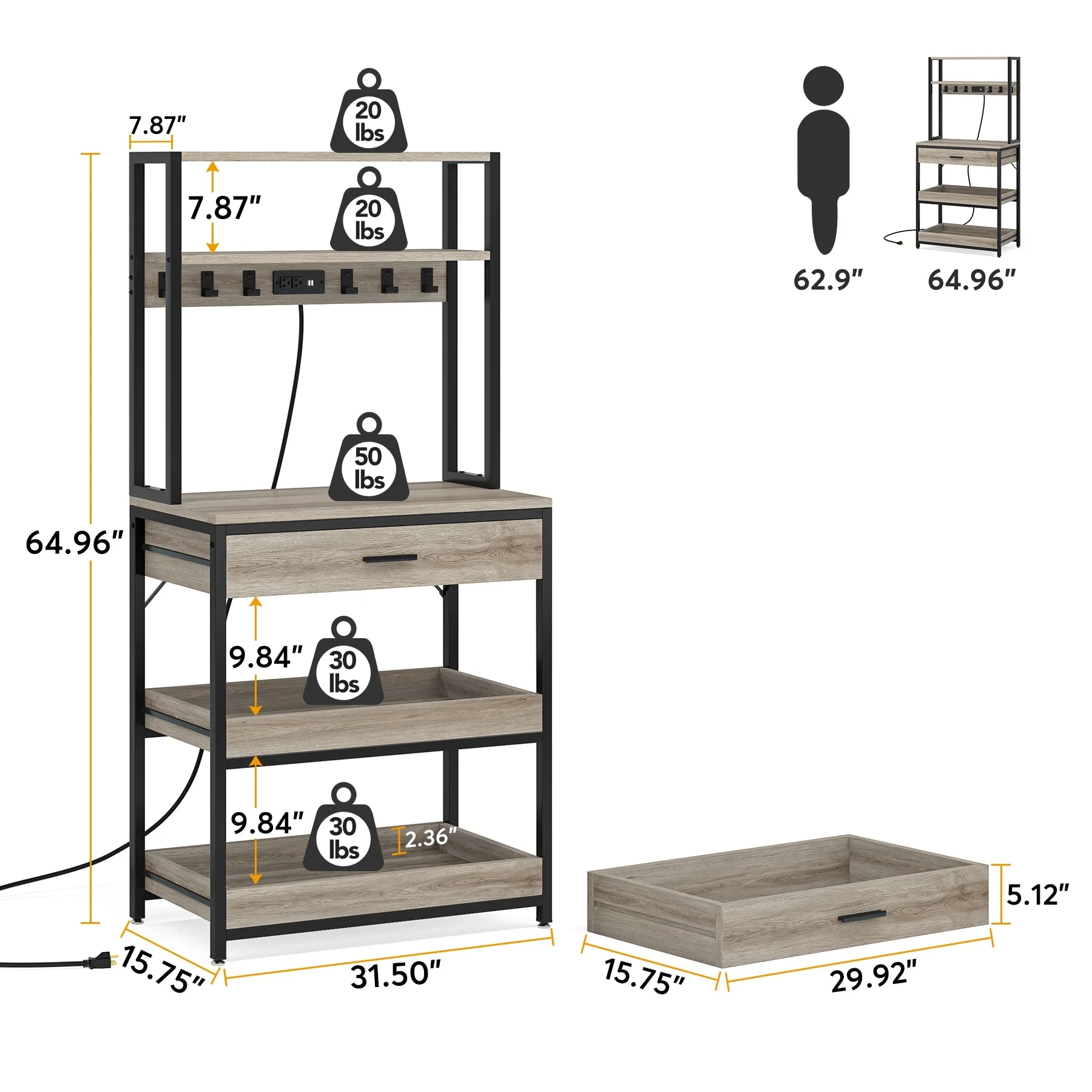 Kitchen Bakers Rack with Power Outlets, High Utility Storage Shelves Microwave Stand with Drawers