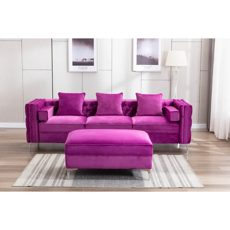 Zaida 104" Wide Velvet Reversible Modular Sofa & Chaise with Ottoman