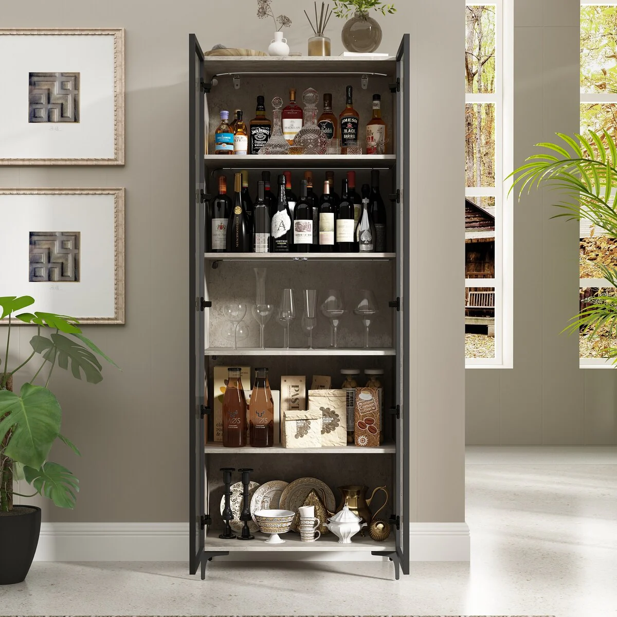 Kitchen Pantry Cabinets 5-Tier Tall Storage Cabinet with Glass Doors