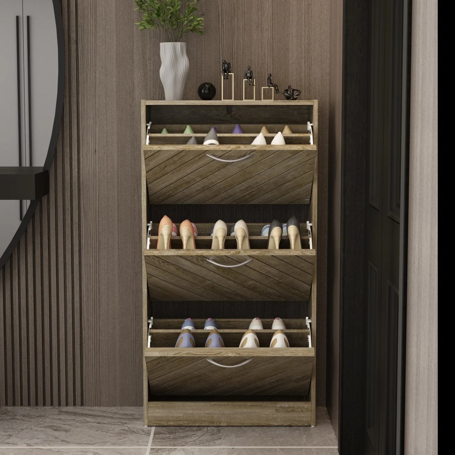 Kerrogee 18-Pair Shoe Storage Cabinet with 3 Flip Drawers Wood/ Grey