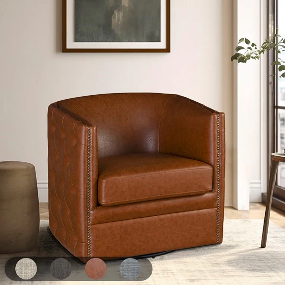 Barrel Swivel Chair with Button Tufting and Nailhead Trim