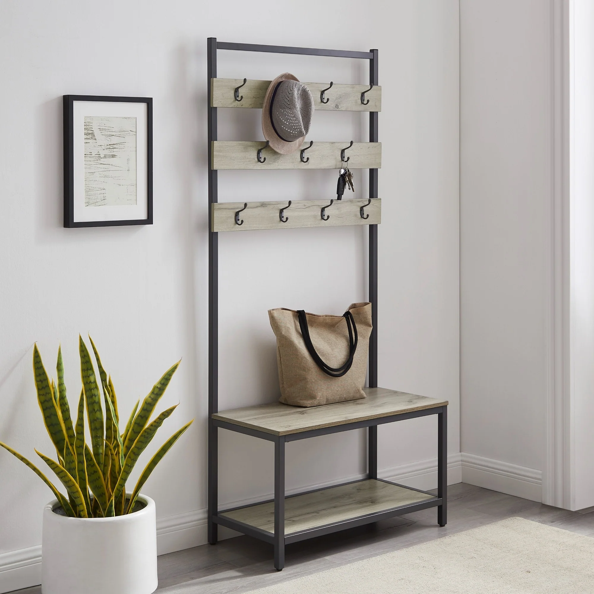 Wooden Hall Tree with 11 Double Hooks - 69