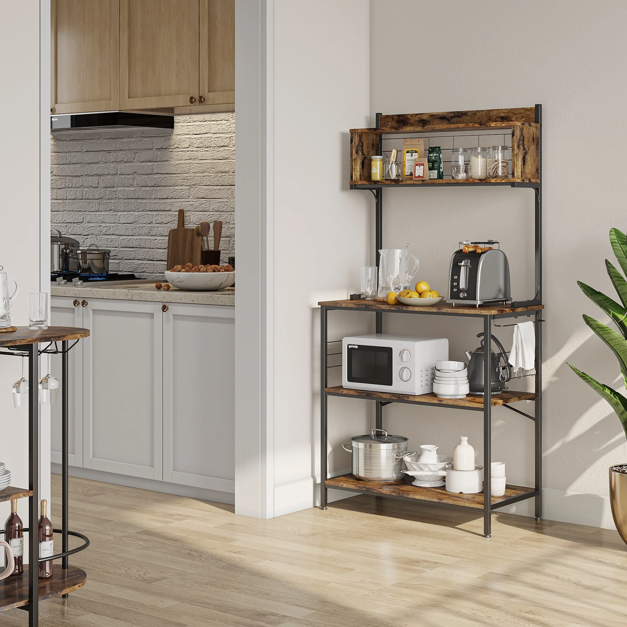 63 Inch Kitchen Baker's Rack with Hutch 8 Side Hooks