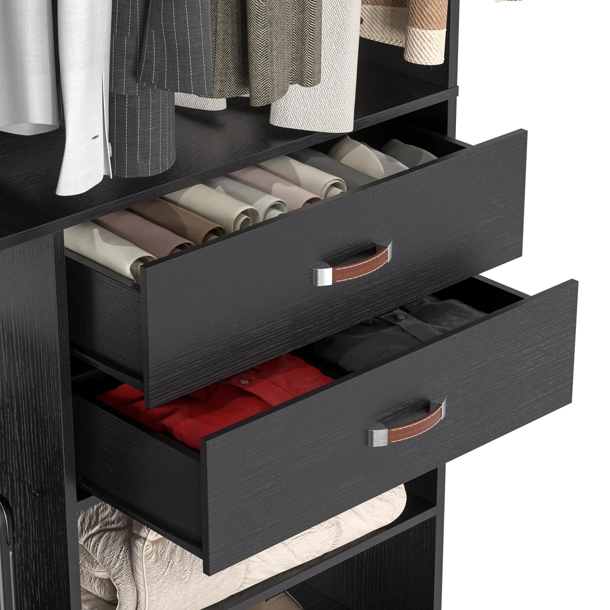 Vryon 40''W Freestanding Closet Organizer with Hanging Rod, Closet System Wardrobe with Wood Drawers