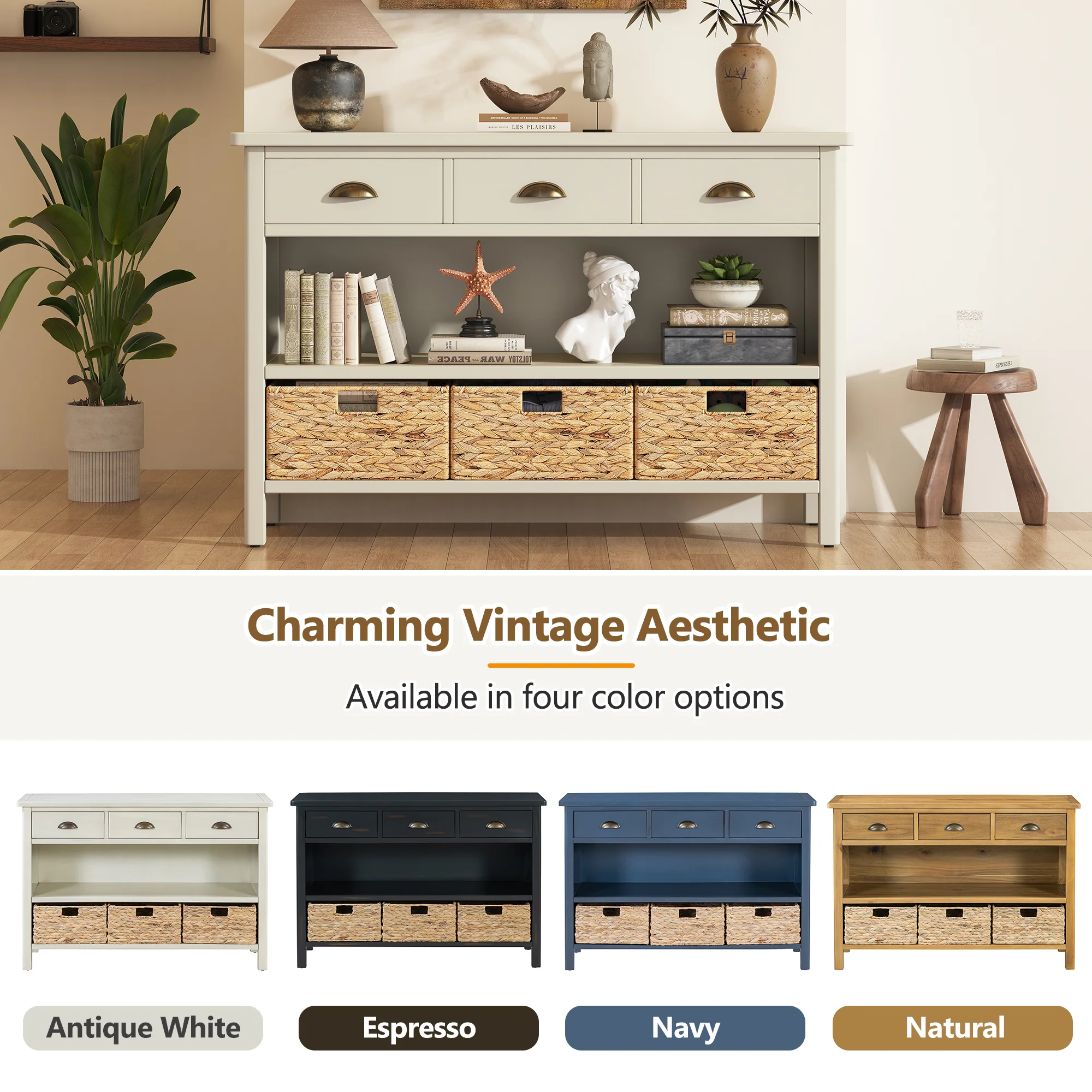 Coronate Console Table with Drawers and Water Hyacinth Woven Baskets