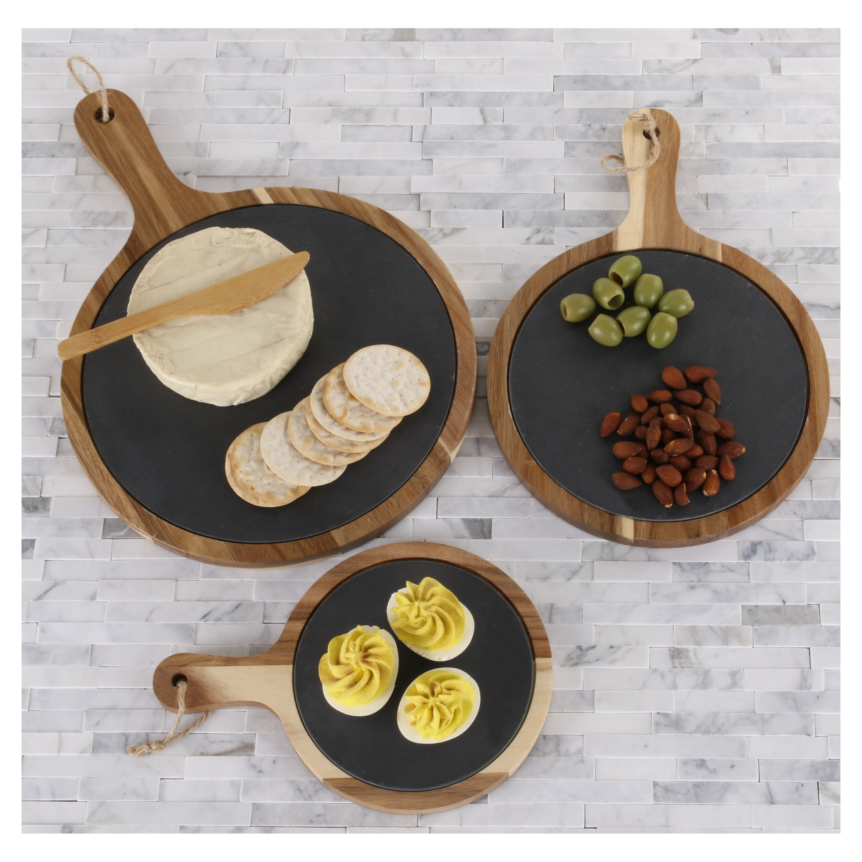 Round Set of 3 Slate and Wood Serving Boards
