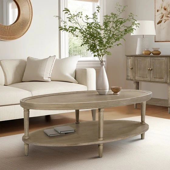 Oval Coffee Table with Open Shelf and Turned Legs