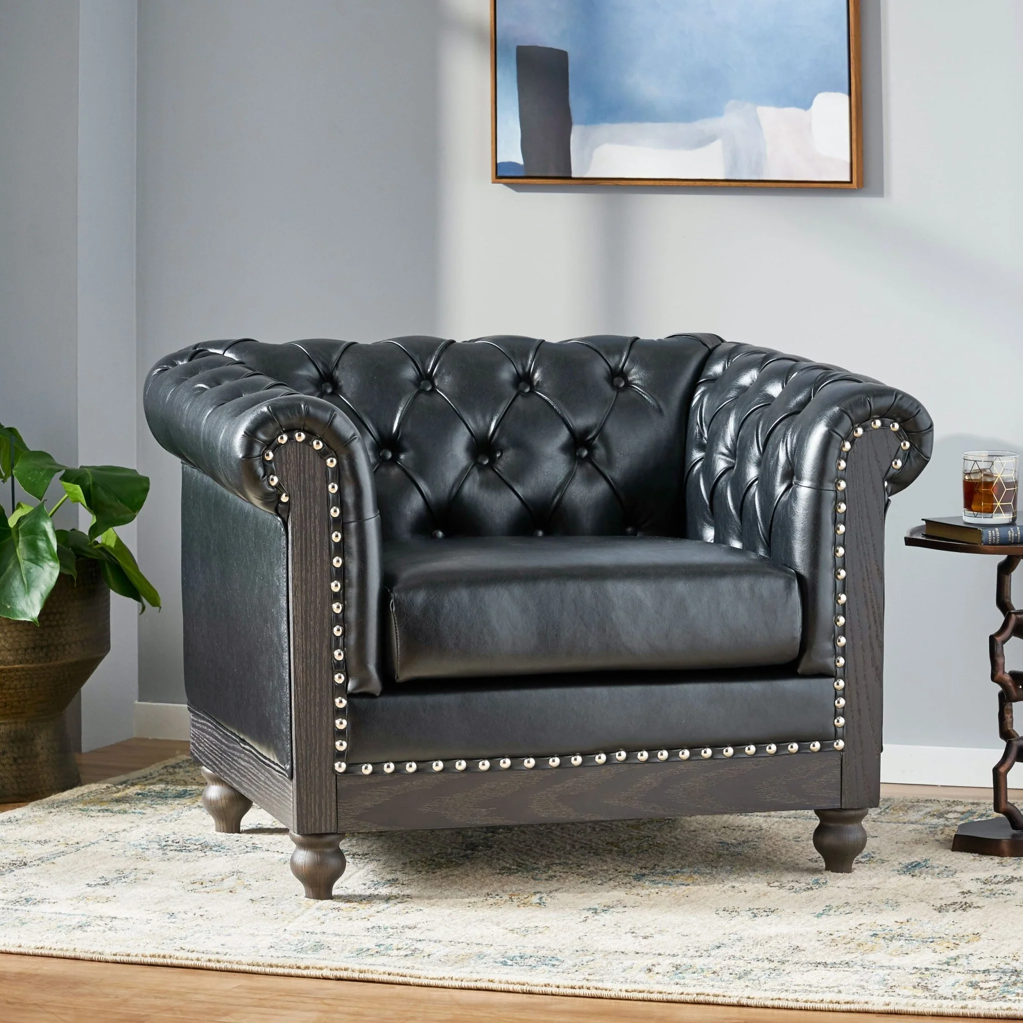 Luminex Tufted Upholstered Club Chair with Nailhead Accents and Scrolled Tuxedo Arms