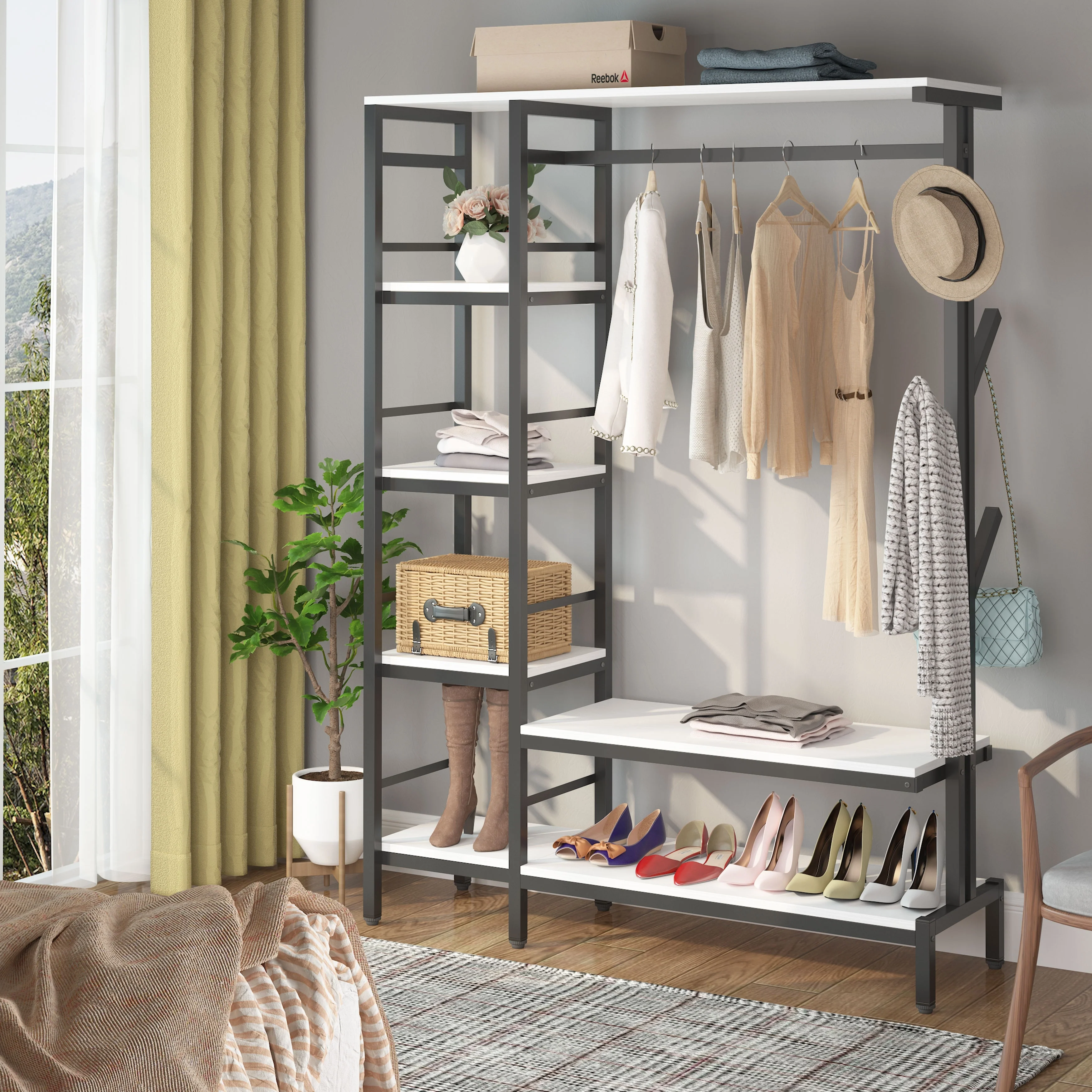 Free-standing Closet Organizer with Hooks, Garment Rack, Coat Rack with Shoe Bench