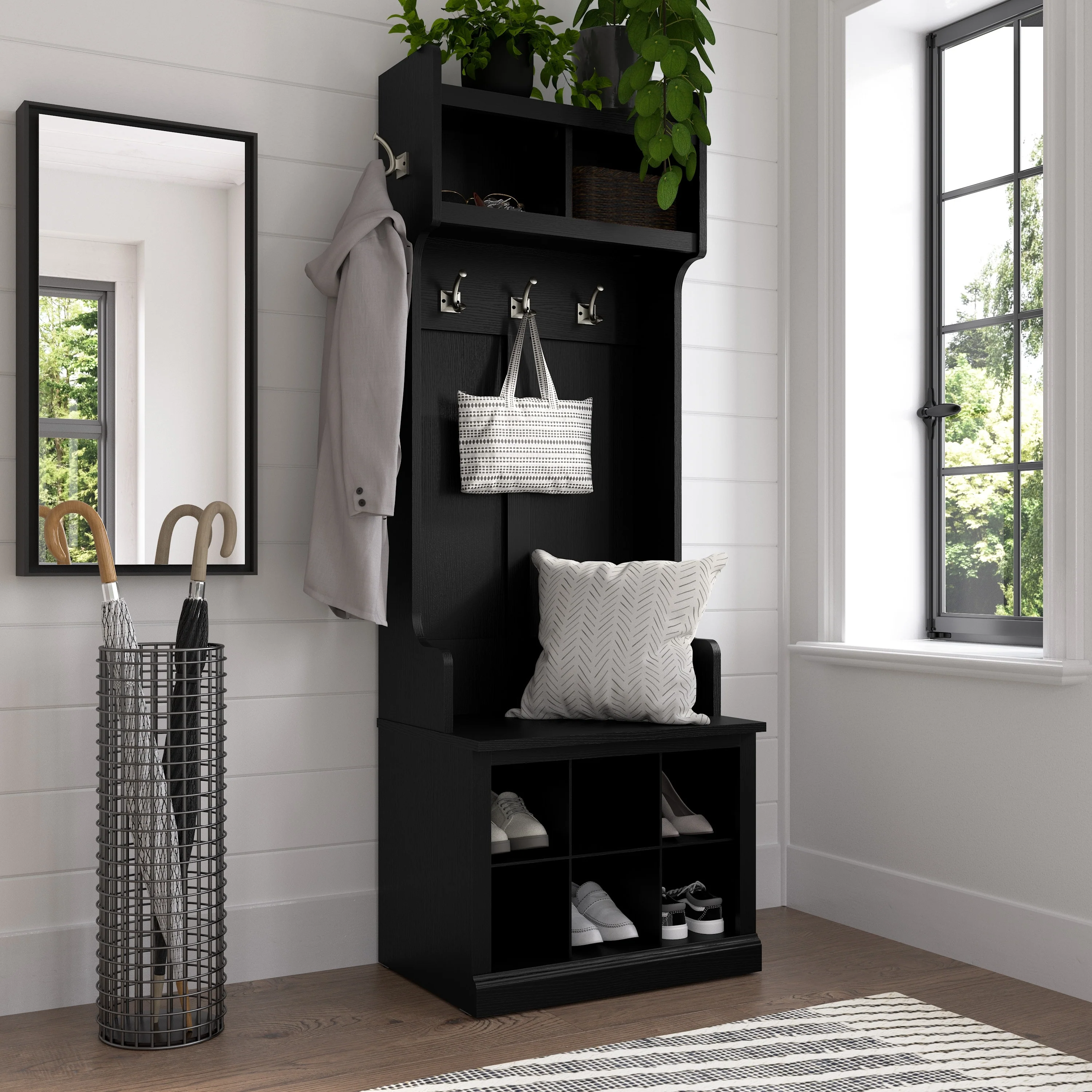 Woodland Hall Tree and Small Shoe Bench with Shelves by Bush Furniture