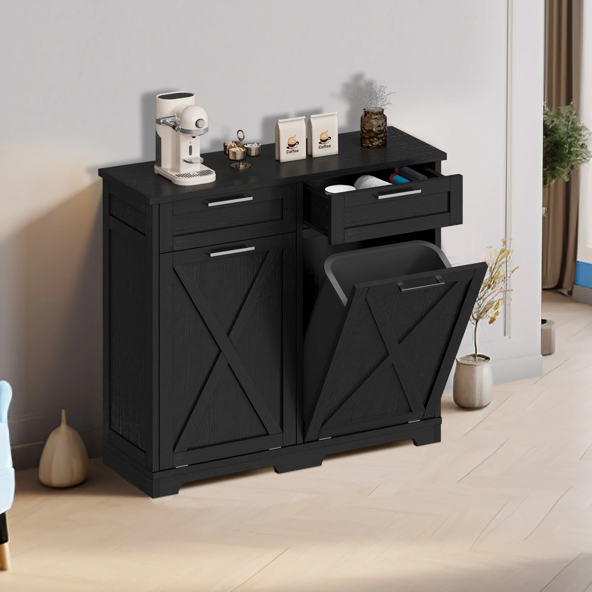 Moasis Kitchen Wooden Double Tilt Out Trash Can Cabinet with 2-Drawer