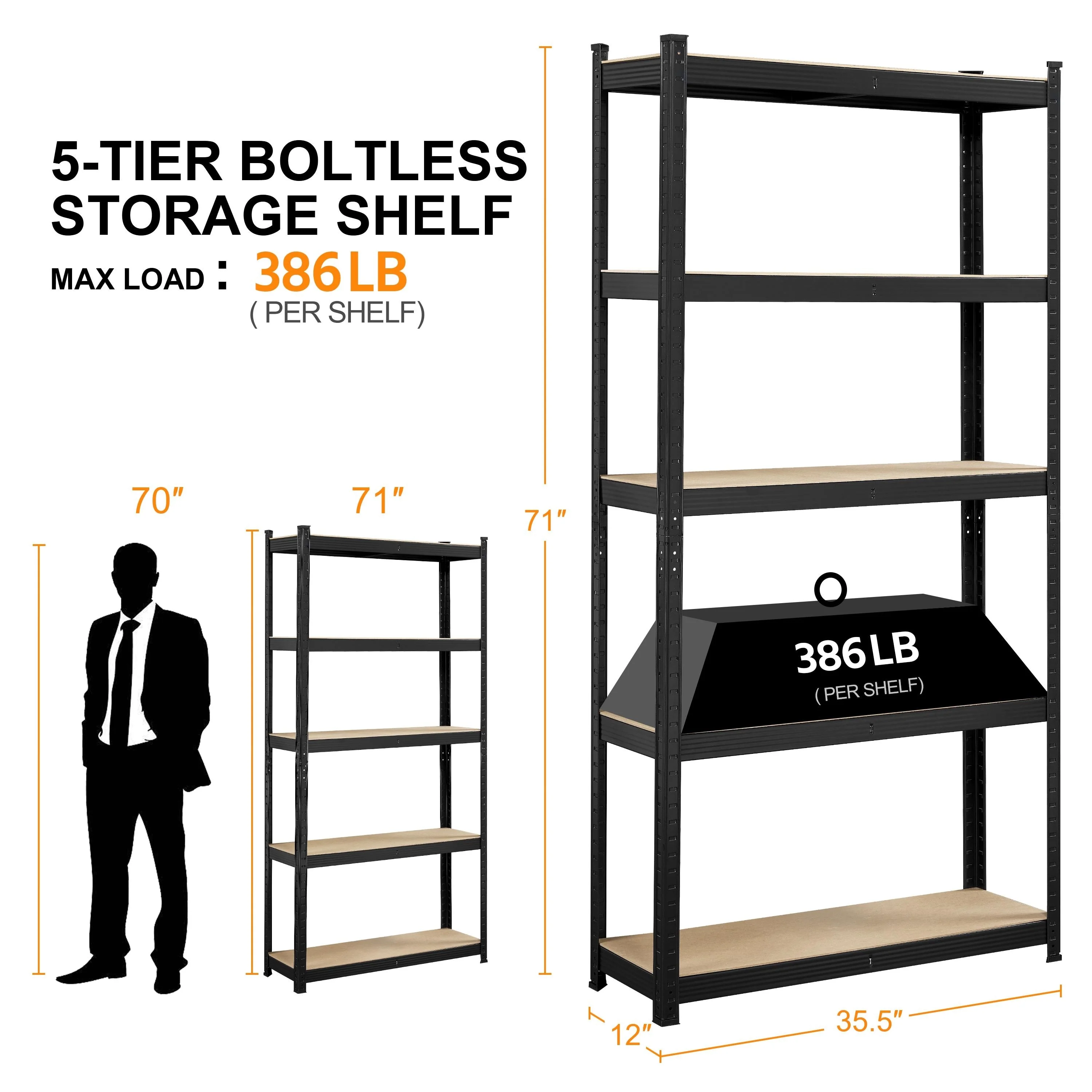 Yaheetech Adjustable 5-Tier Shelf Metal Storage Rack for Home/Office/Garage - 35.5″ L × 12″ W × 71″ H