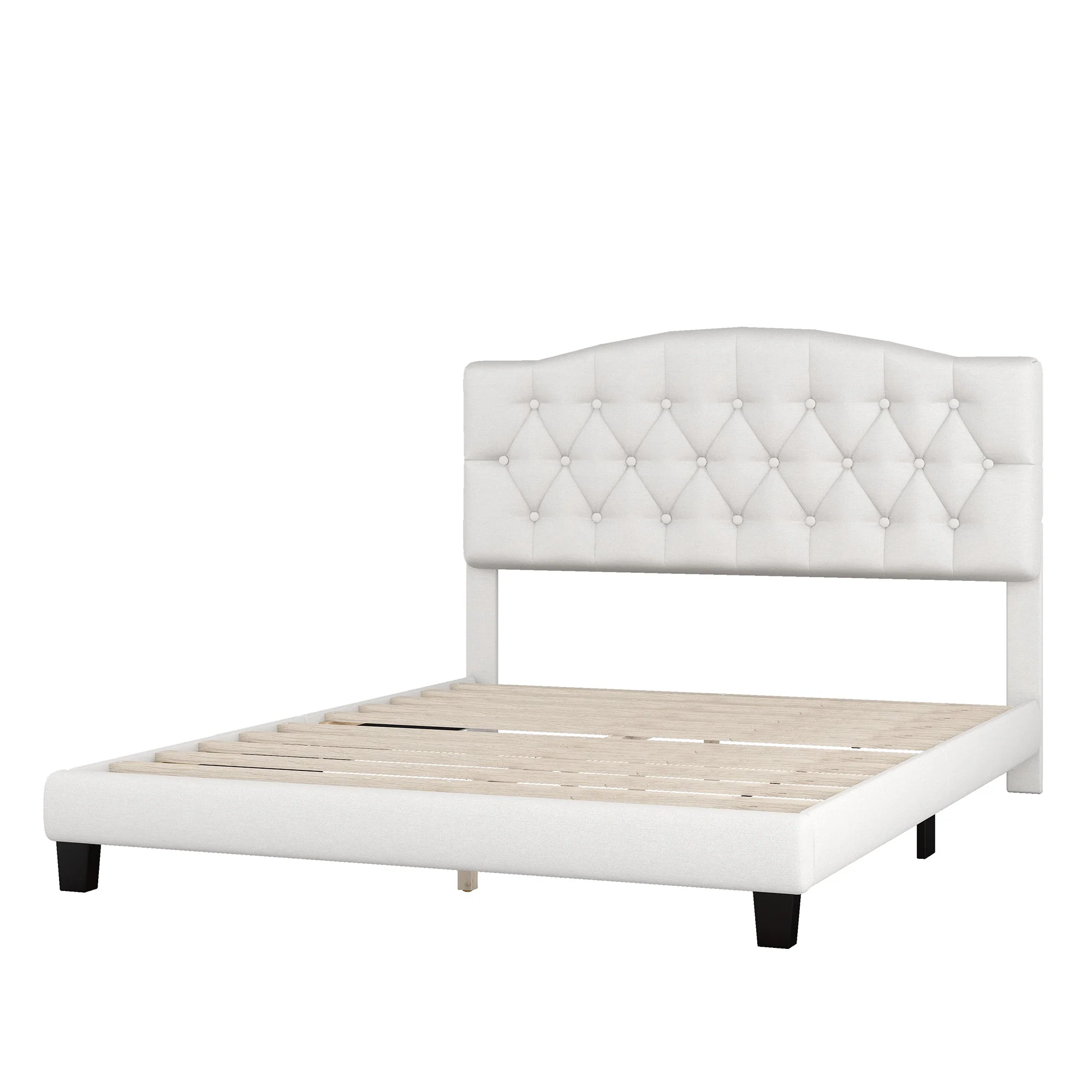 Josephine Upholstered Platform Bed with Saddle Curved Headboard and Diamond Tufted Details-Beige