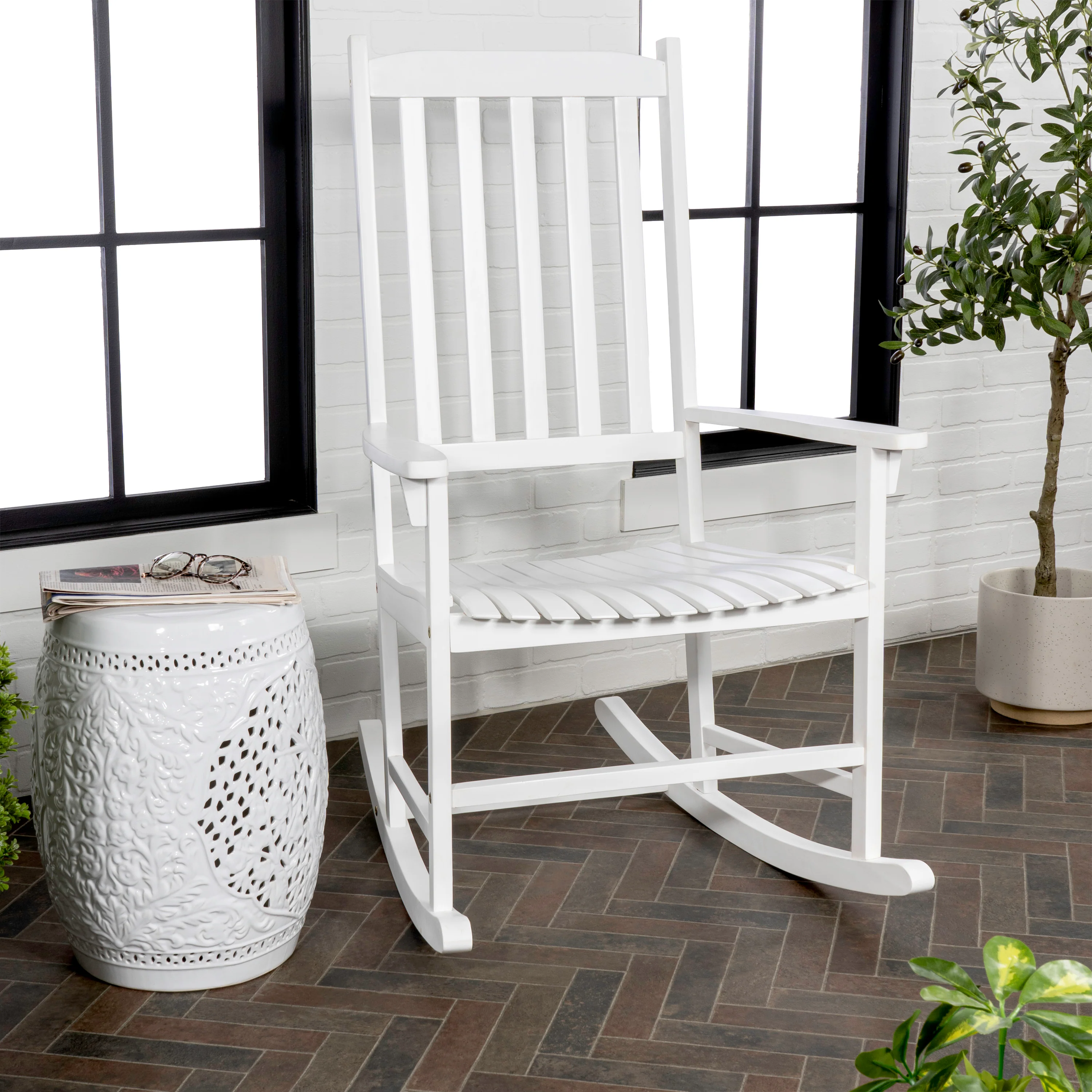 Seagrove Slat-Back Acacia Wood Outdoor Rocking Chair, White