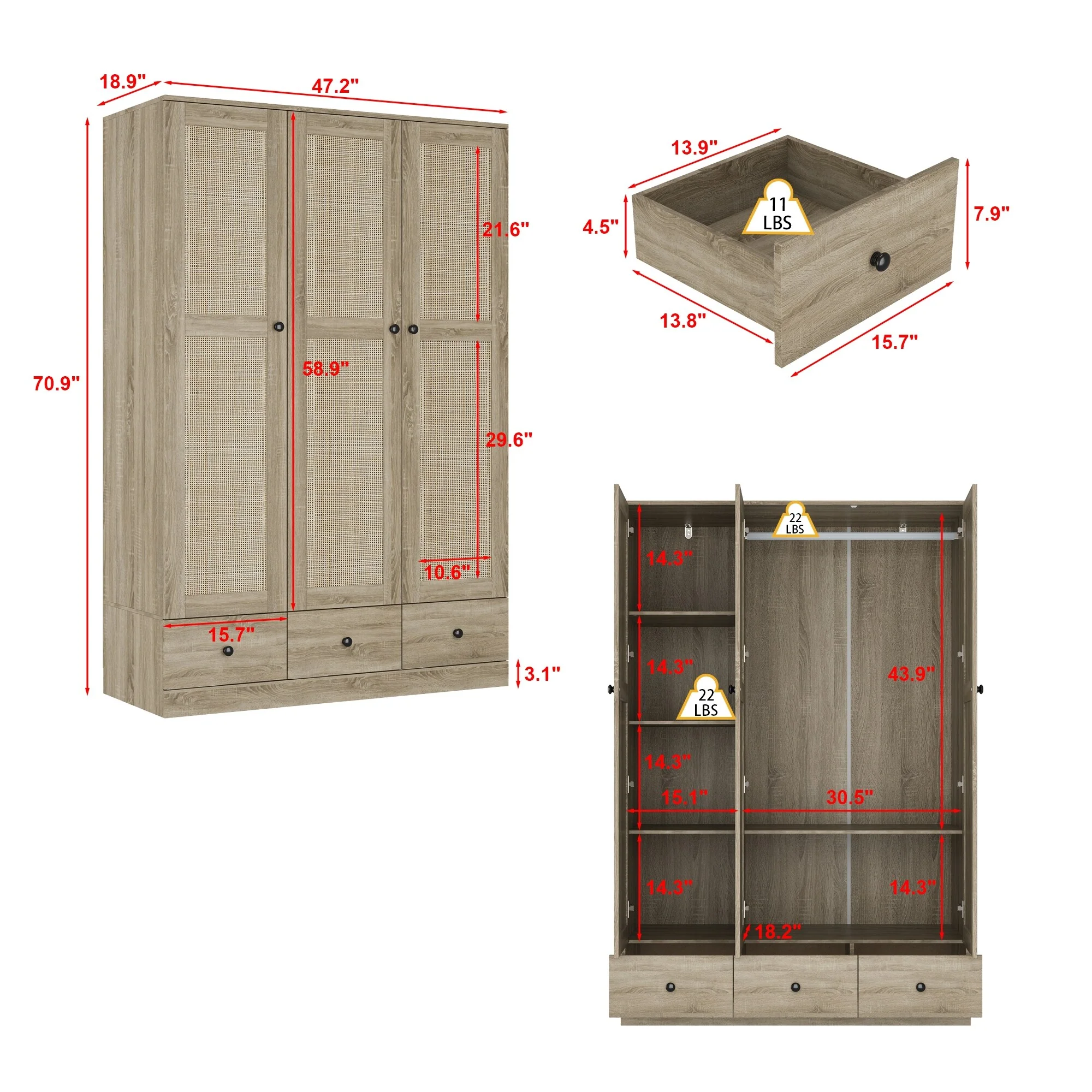 Large Storage Wardrobe Versatile Rattan Door Closet with Deep Drawers
