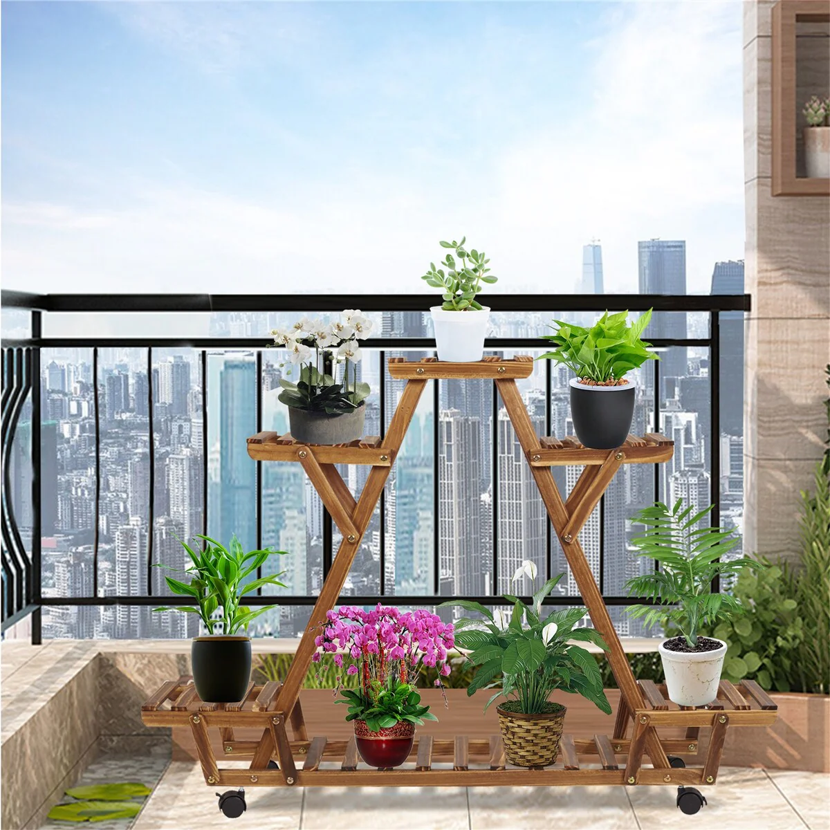 Movable Outdoor Ladder Plant Stand Garden Wood Rack with 6 Tiers