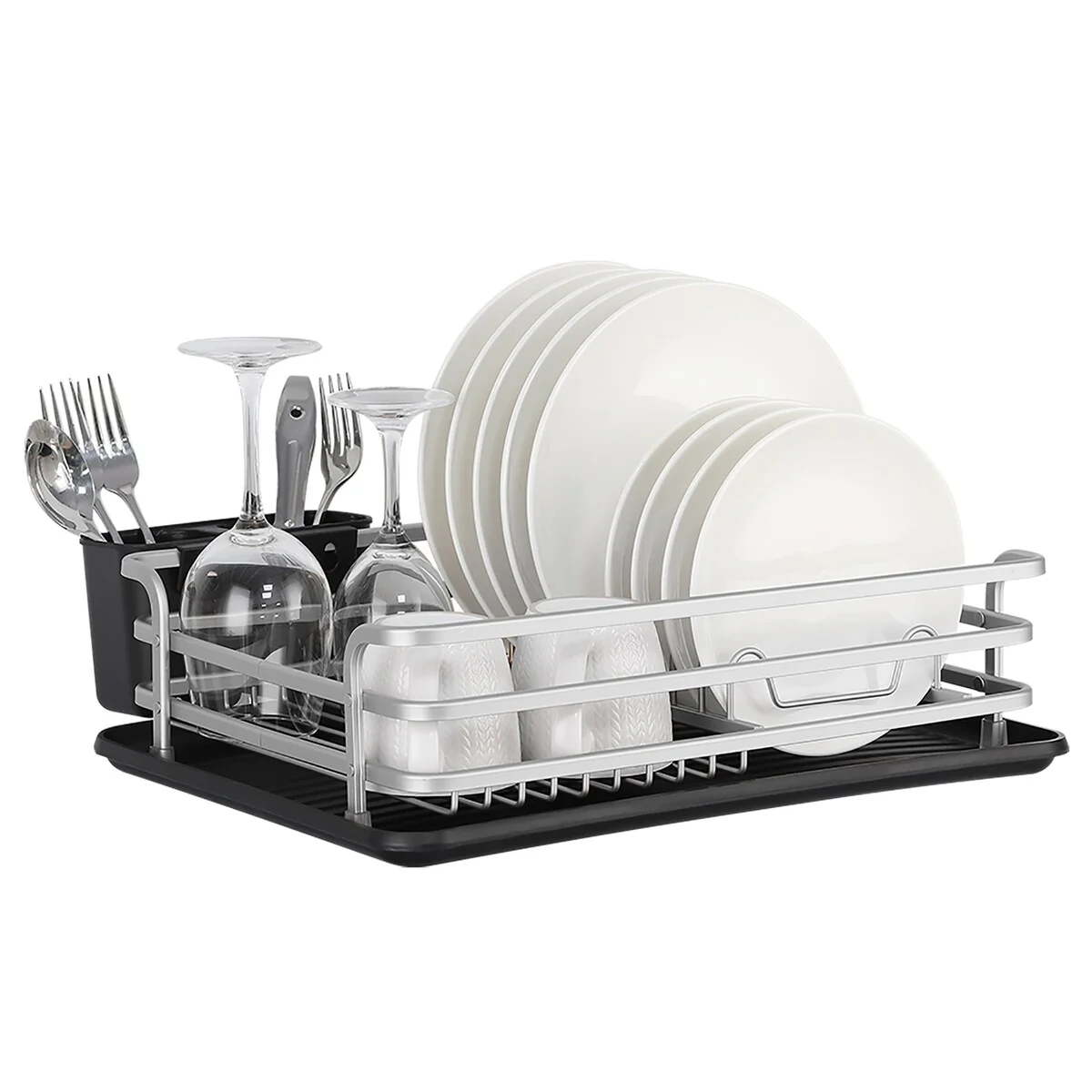 Aluminum Dish Drying Rack with Cutlery Holder, Silver