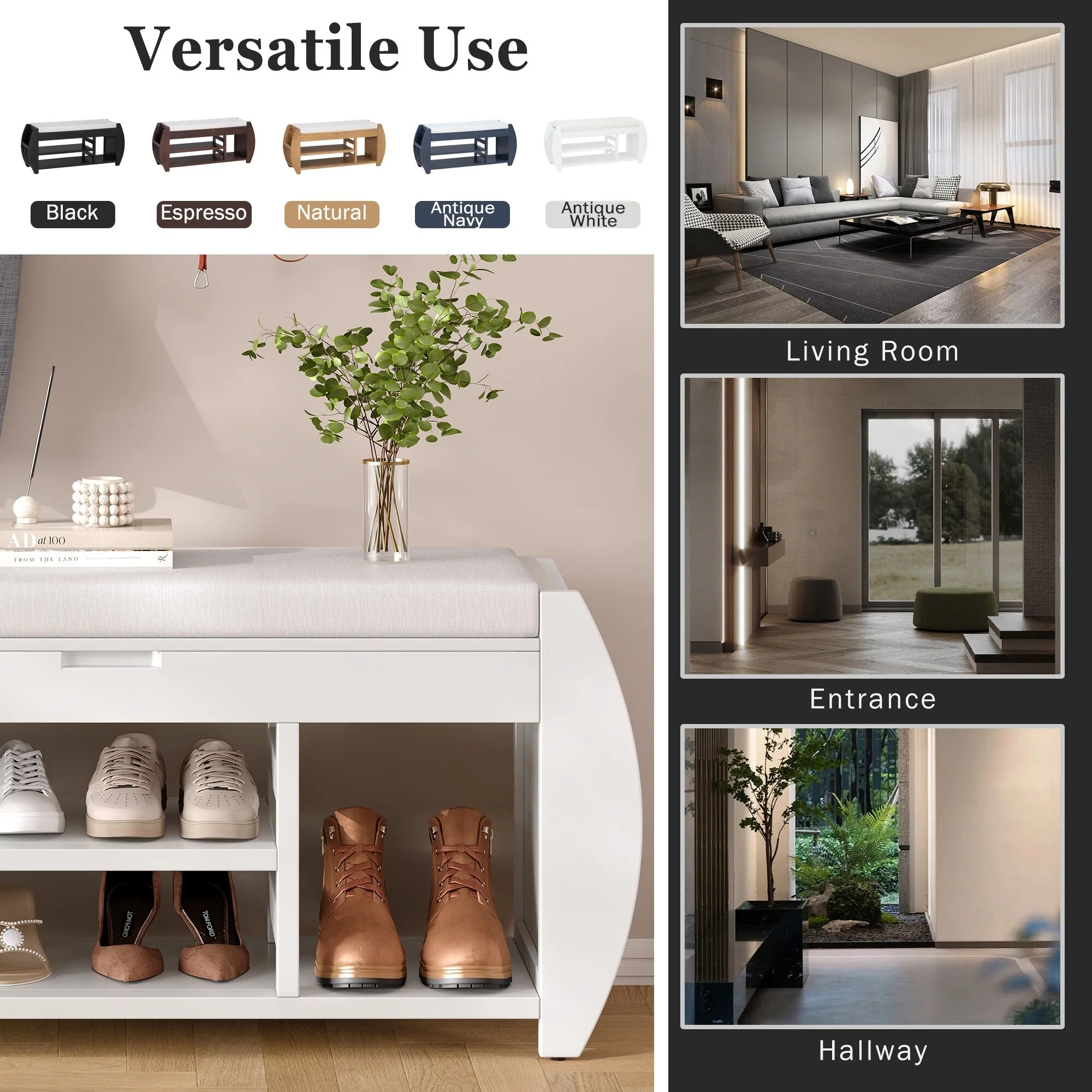 Multifunctional Storage Bench with Cushion and Curved Side Panel for Entrance and Living Room