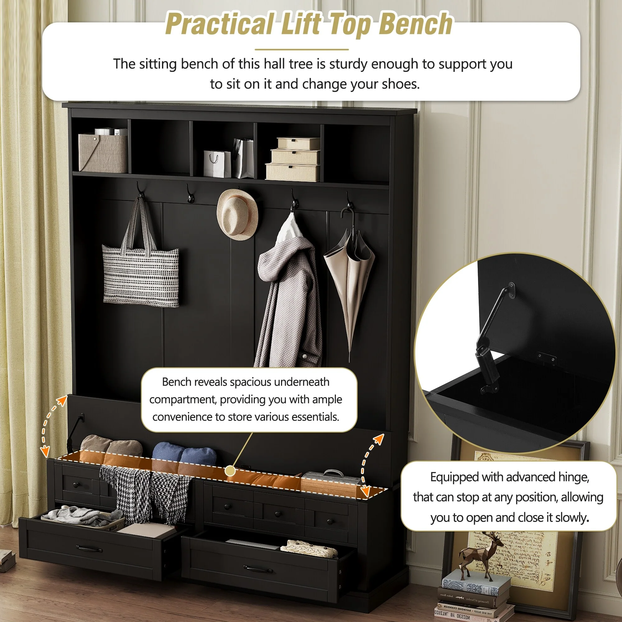 Elegant Wide Hall Tree with 5 Hooks, Versatile Entryway Lift Top Storage Bench with 2 Drawers