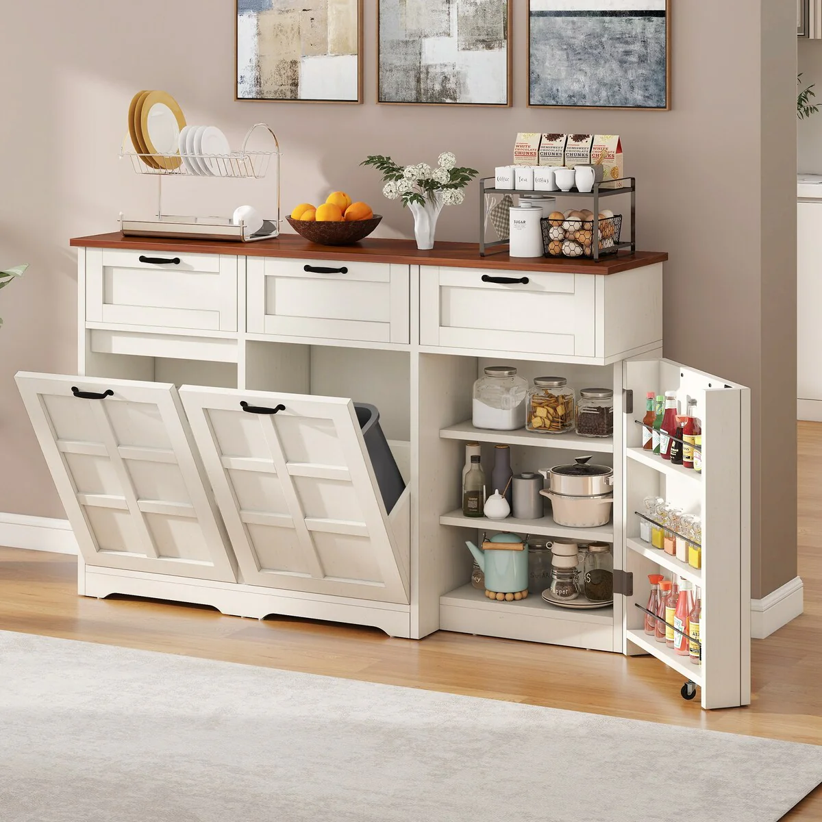 Kitchen Island With Double Tilt Out Trash Can Cabinet