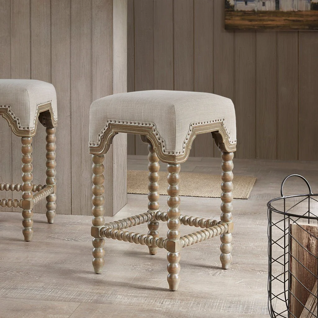 Upholstered Square Counter Stool with Nailhead Trim, Turned Legs and Footrest