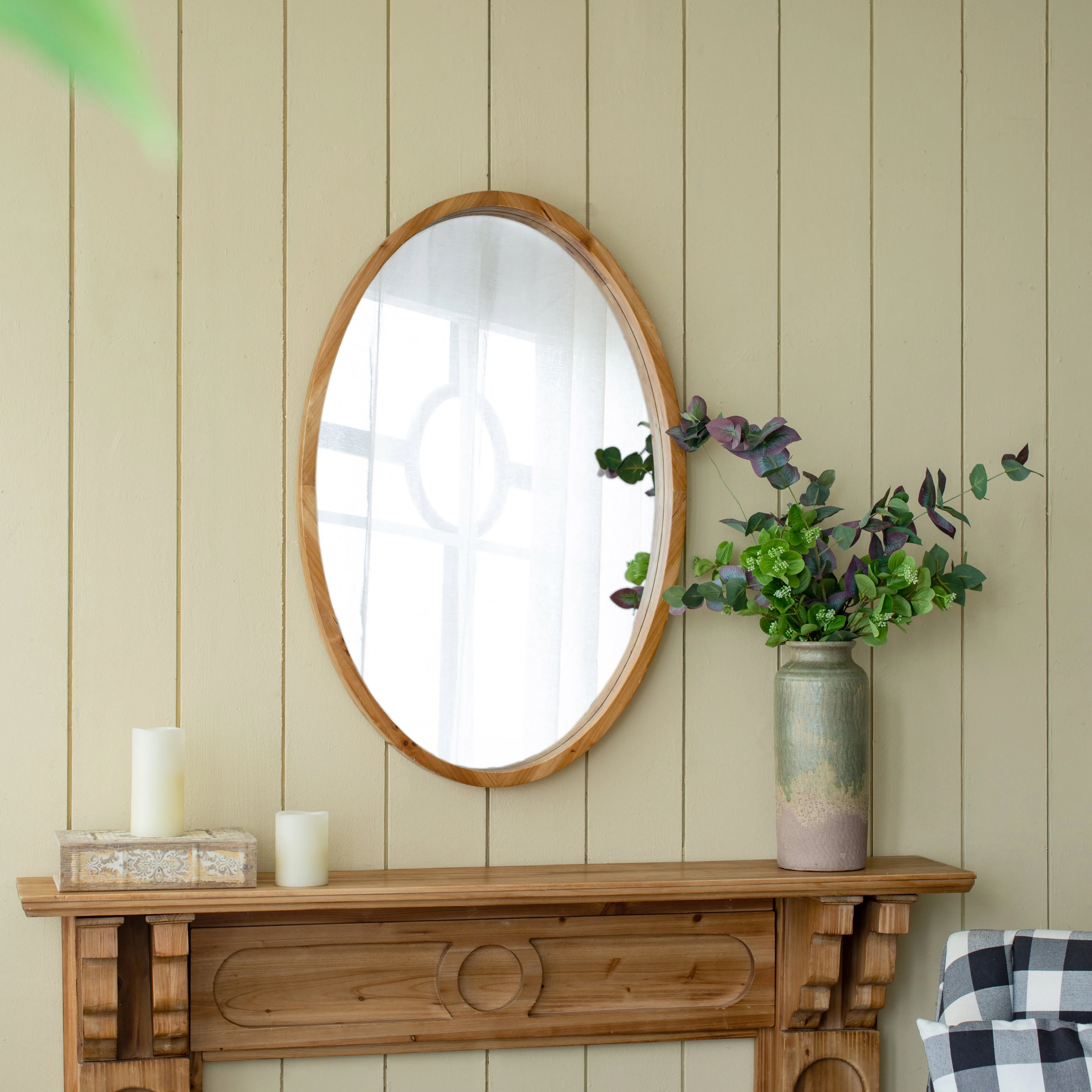 Oval Wall Mirror with Wood Frame