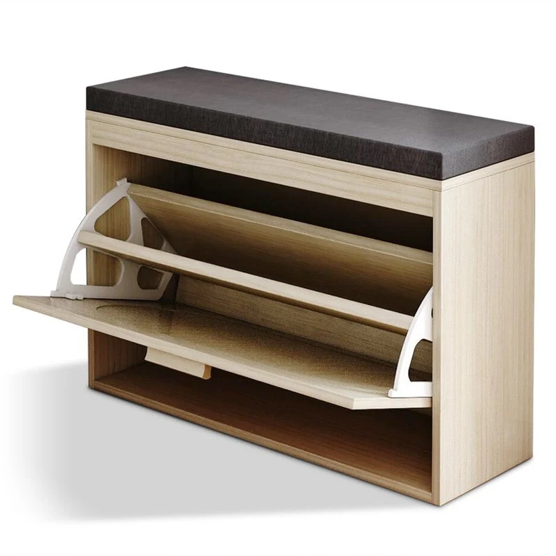 Rattan Shoe Rack Hallway Shoes Srorage Bench with Flip-Drawer and Seat Cushion