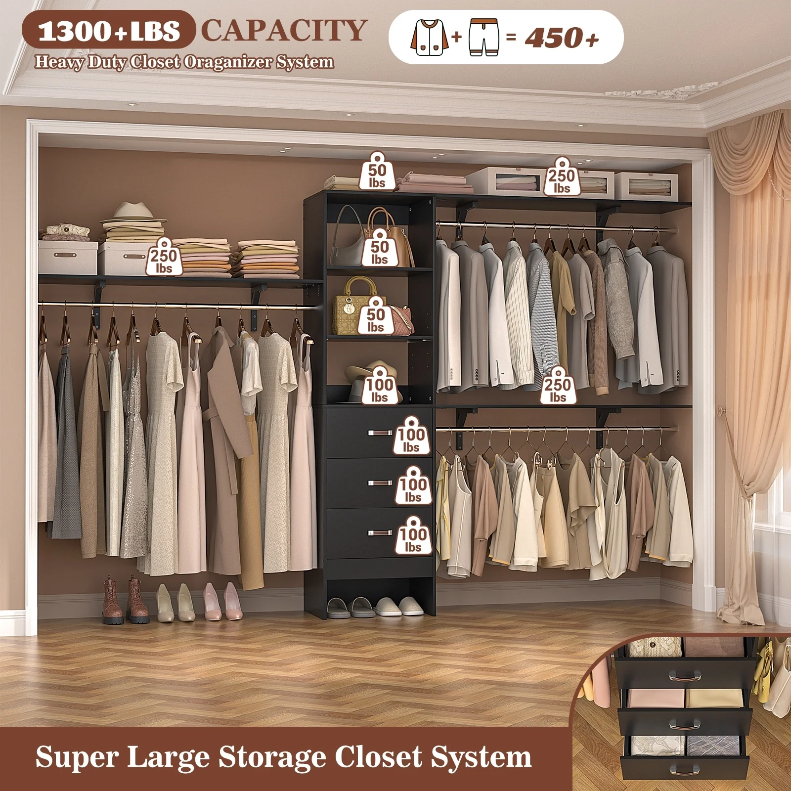 Rackcog 120'' Closet Organizer with Drawers, Closet System with DIY Shelves for Reach-in and Walk-in Closet