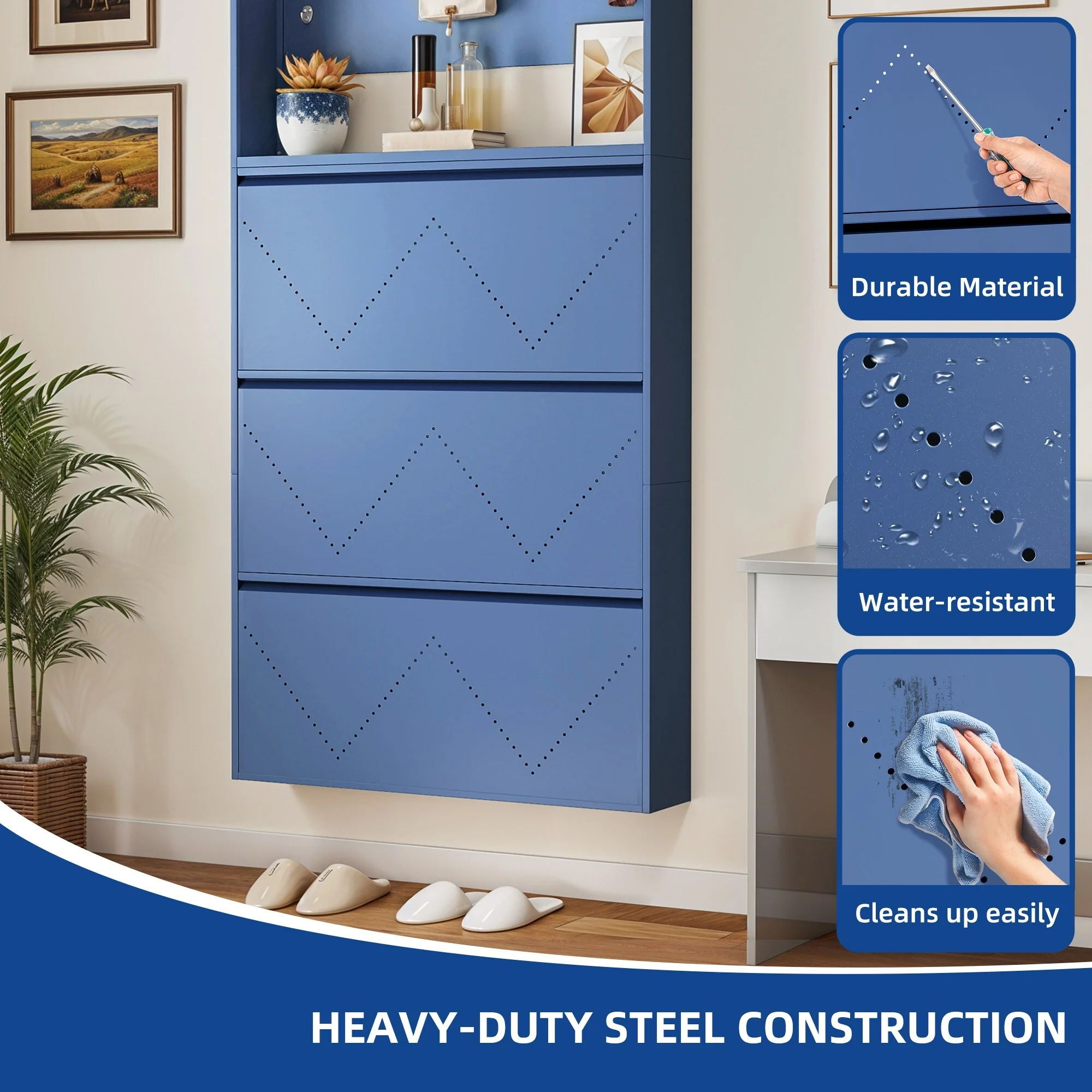 Moasis Wall-Mounted Shoe Cabinet with 3 Flip Drawers, Shoe Organizer with Hanging Bars and Hooks