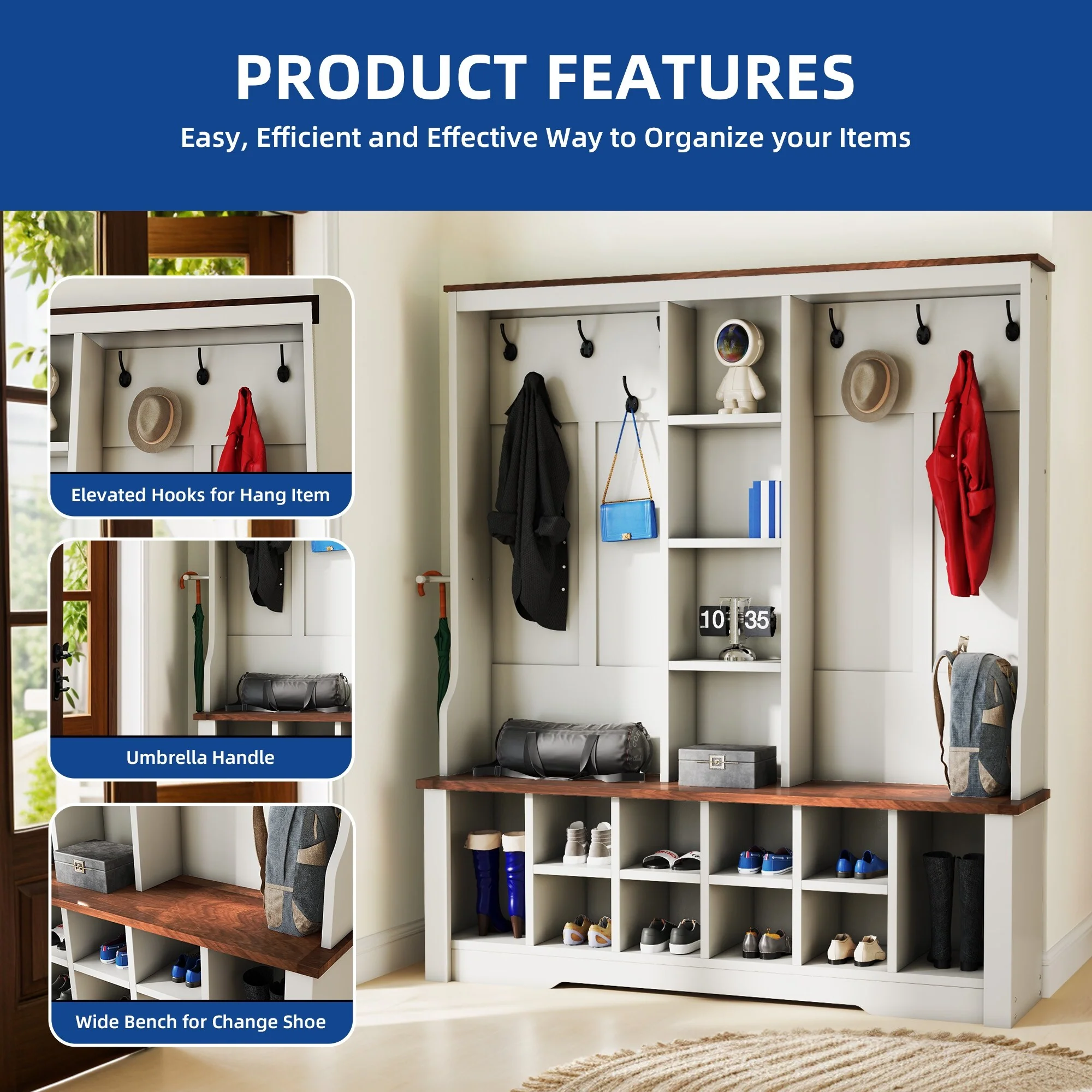 Moasis Farmhouse Hall Tree with Bench and Shoe Storage with 10 Hooks for Entryway