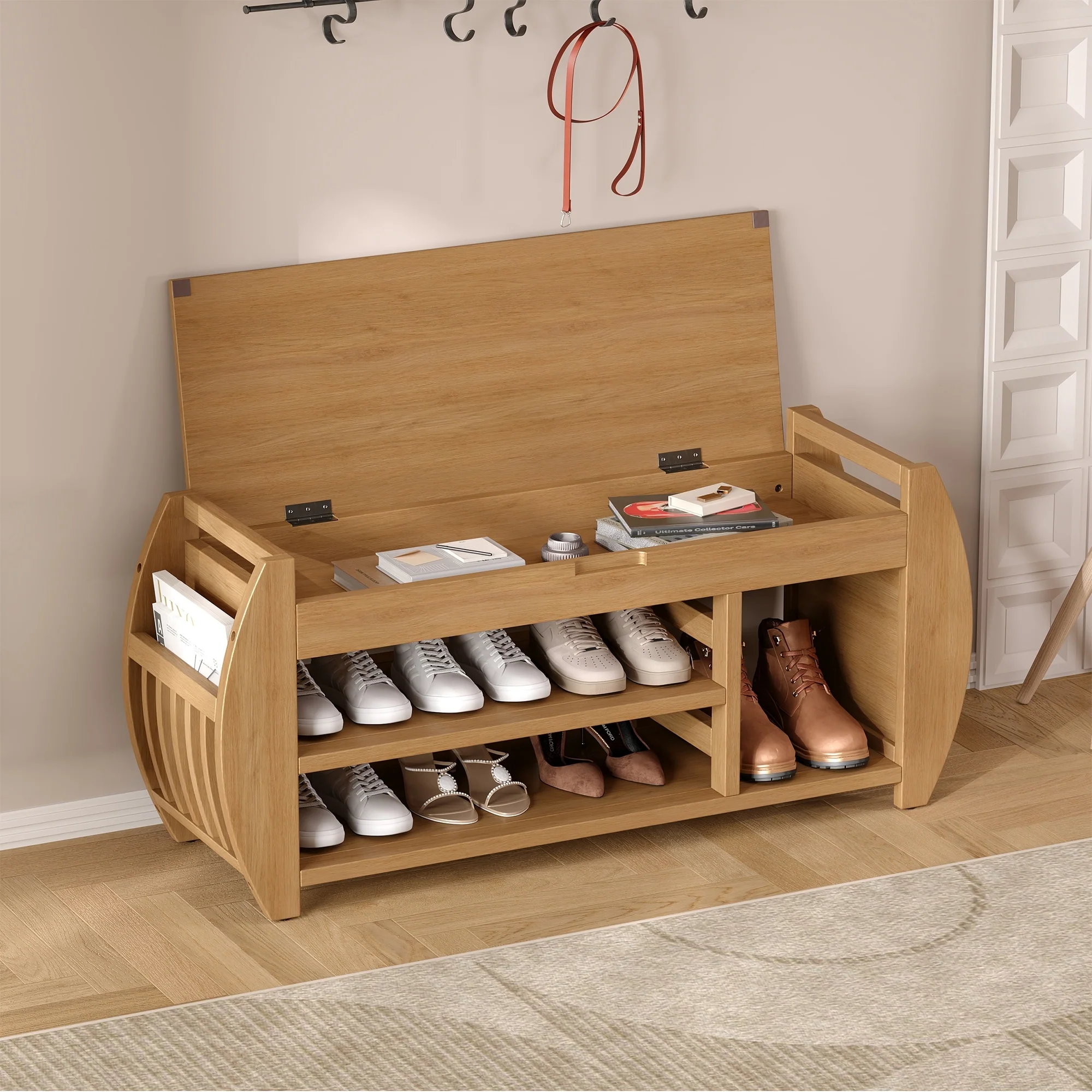 Shoe Storage Bench with Cushion and Curved Side