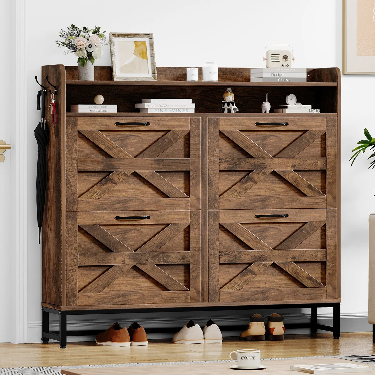 Moasis Farmhouse Flip Shoe Cabinet Shoe Storage Cabinet with 4 Flip Doors Adjustable Shelf - 47.2