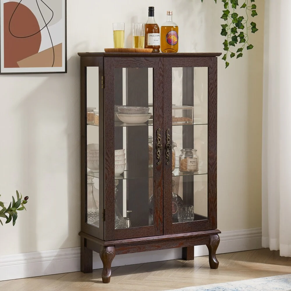 Curio Cabinet with Tempered Glass Doors and Adjustable Shelves Light Bulb Included