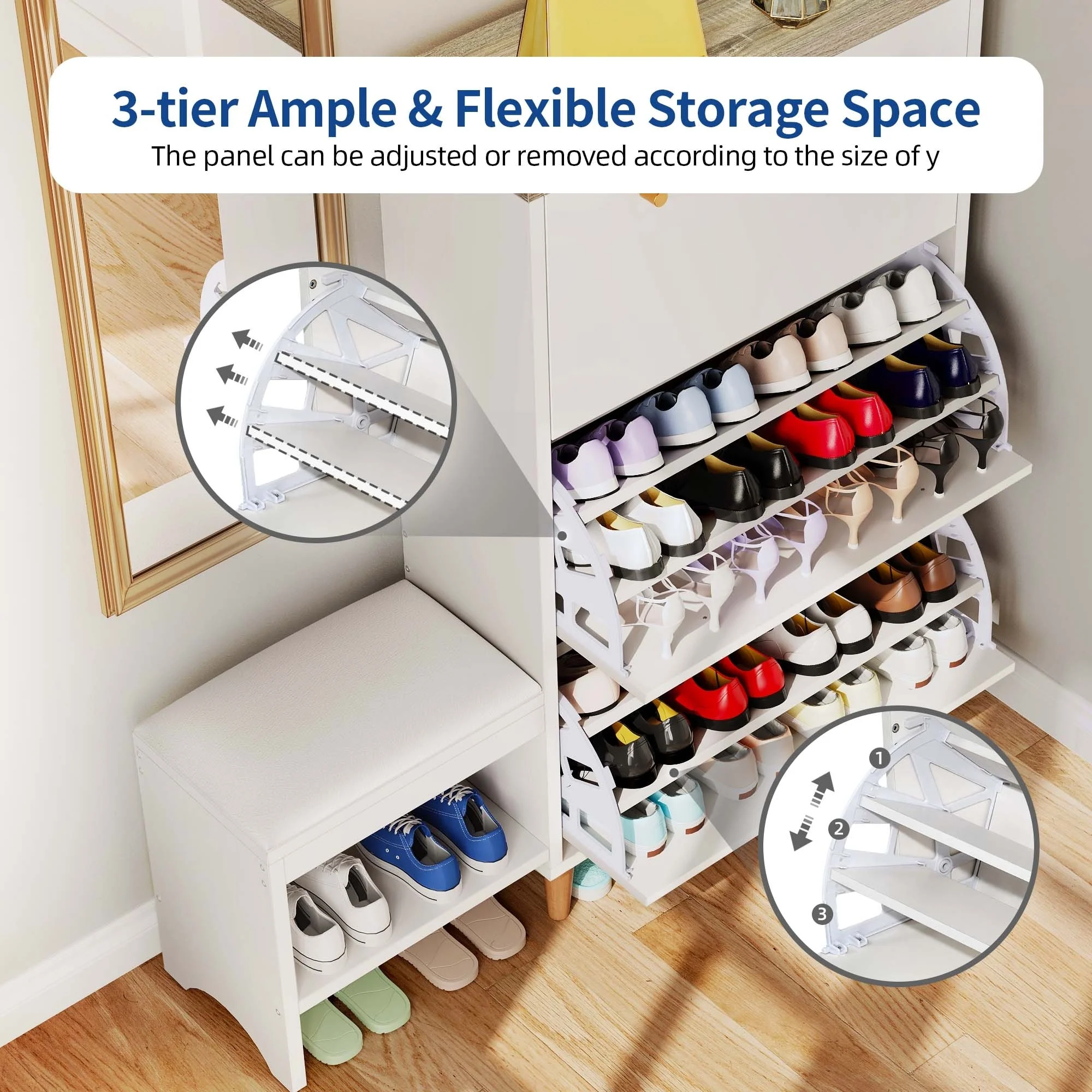 Moasis 36 Pair Shoe Storage Cabinet with 3 Flip Drawers and Shoe Bench