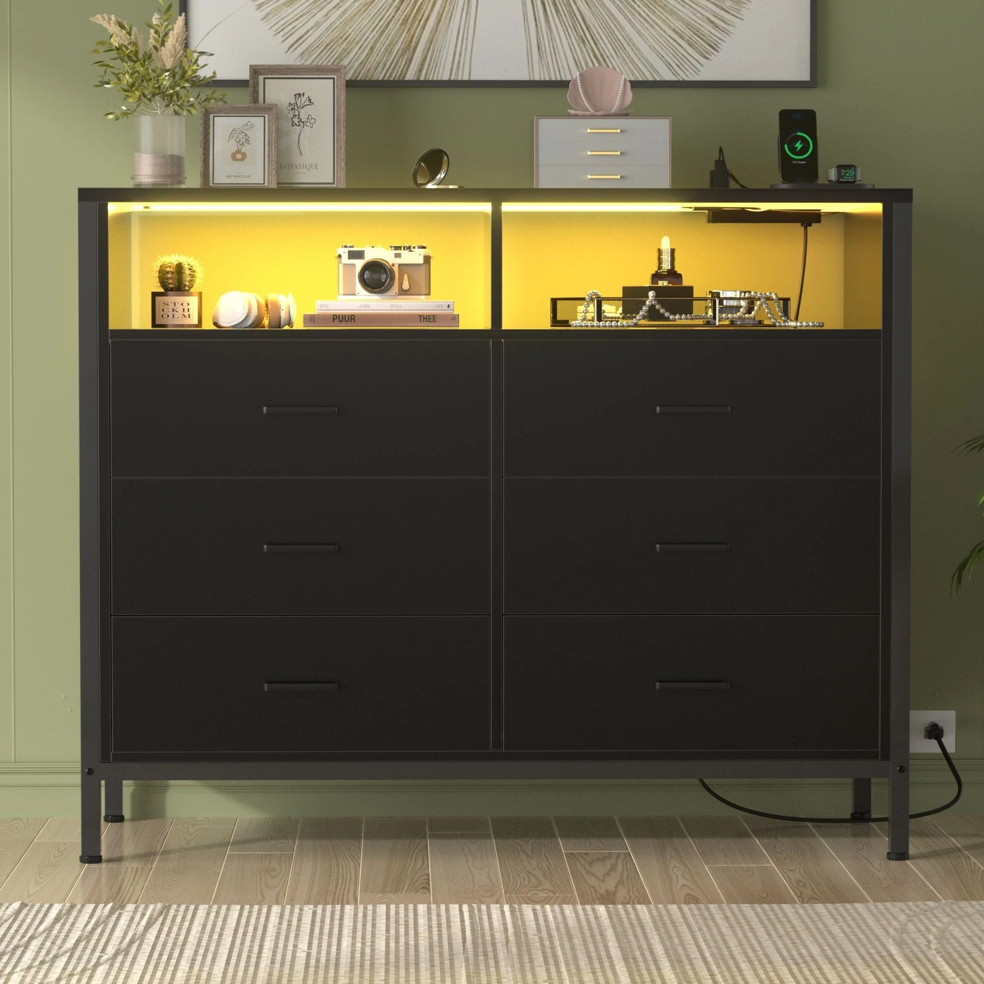 Chest of Drawers with LED Lights and Outlets,Wood Drawer Dresser for Clothes Storage