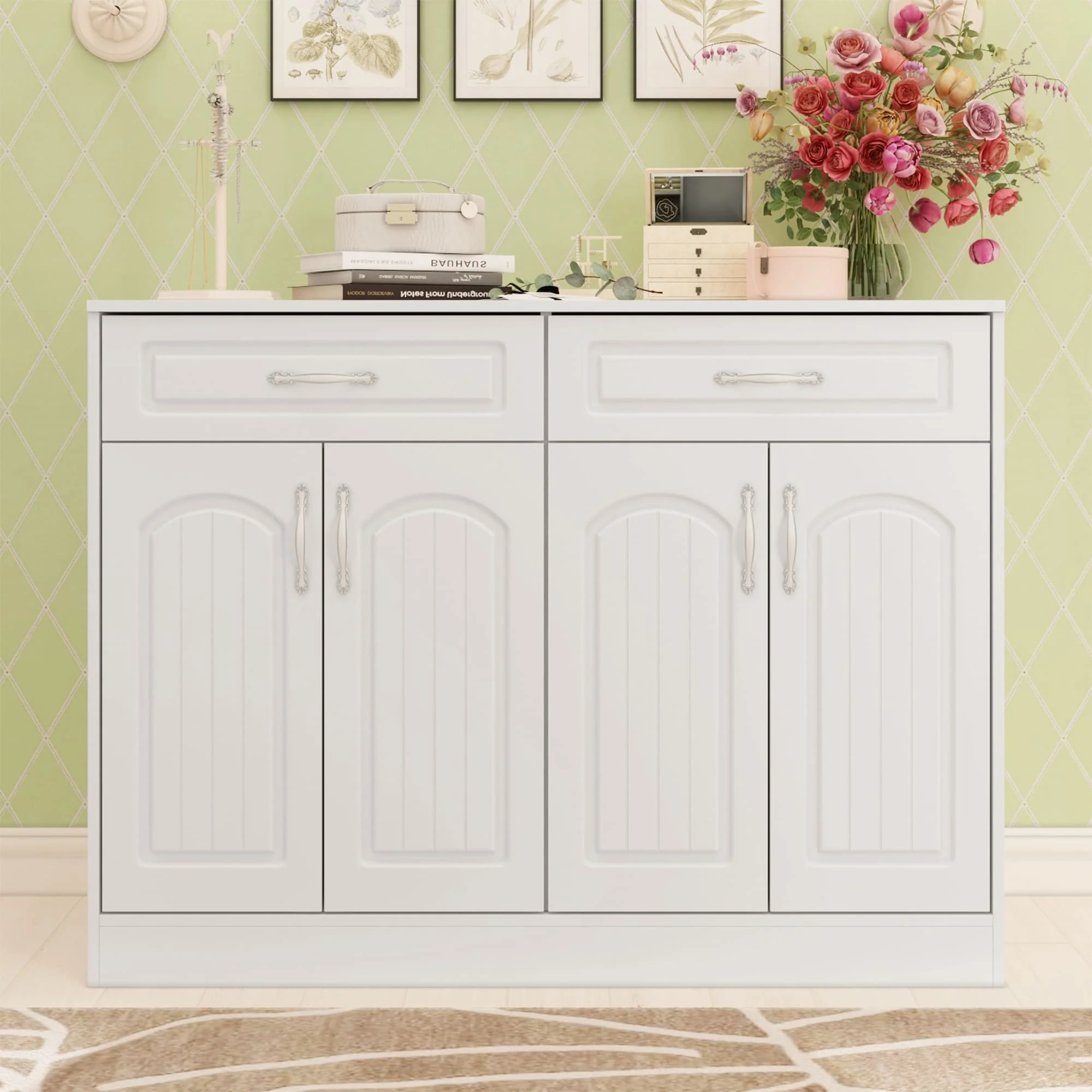 Multi-Functional White Shoe Cabinet with Adjustable Shelves Entryway