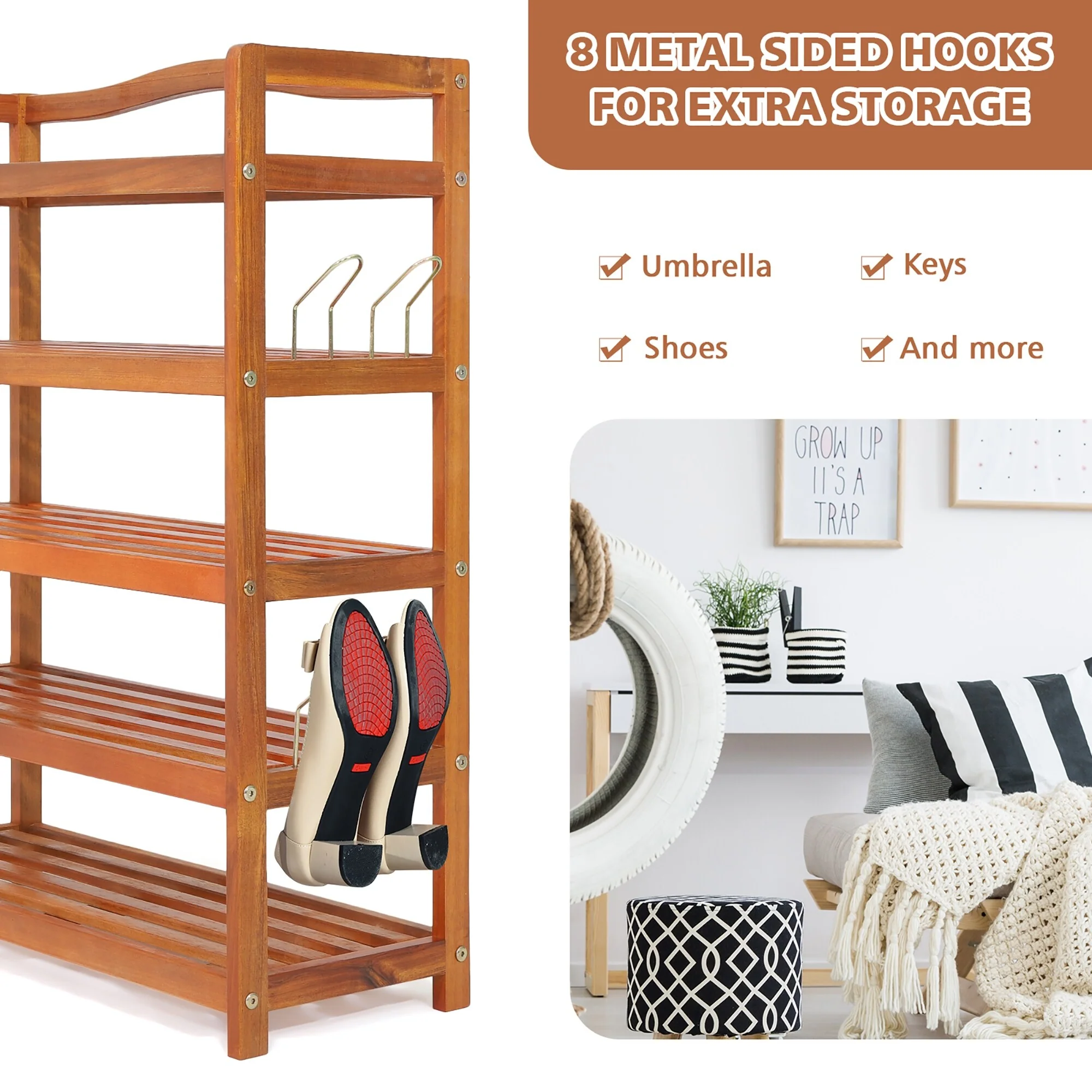 Costway 5-Tier Wood Shoe Rack Freestanding Large Shoe Storage