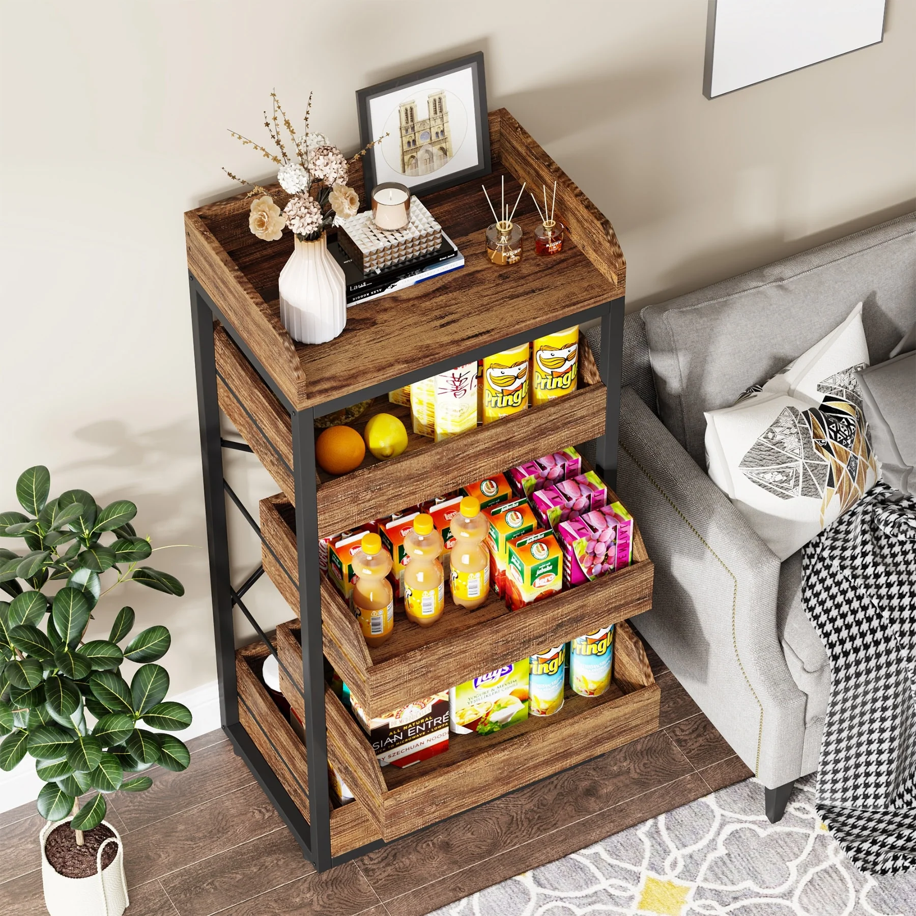 23.6'' W Fruit and Vegetable Wood Storage Rack, 5-Tier Pull-Out Snack Stand Fruit Basket Stand