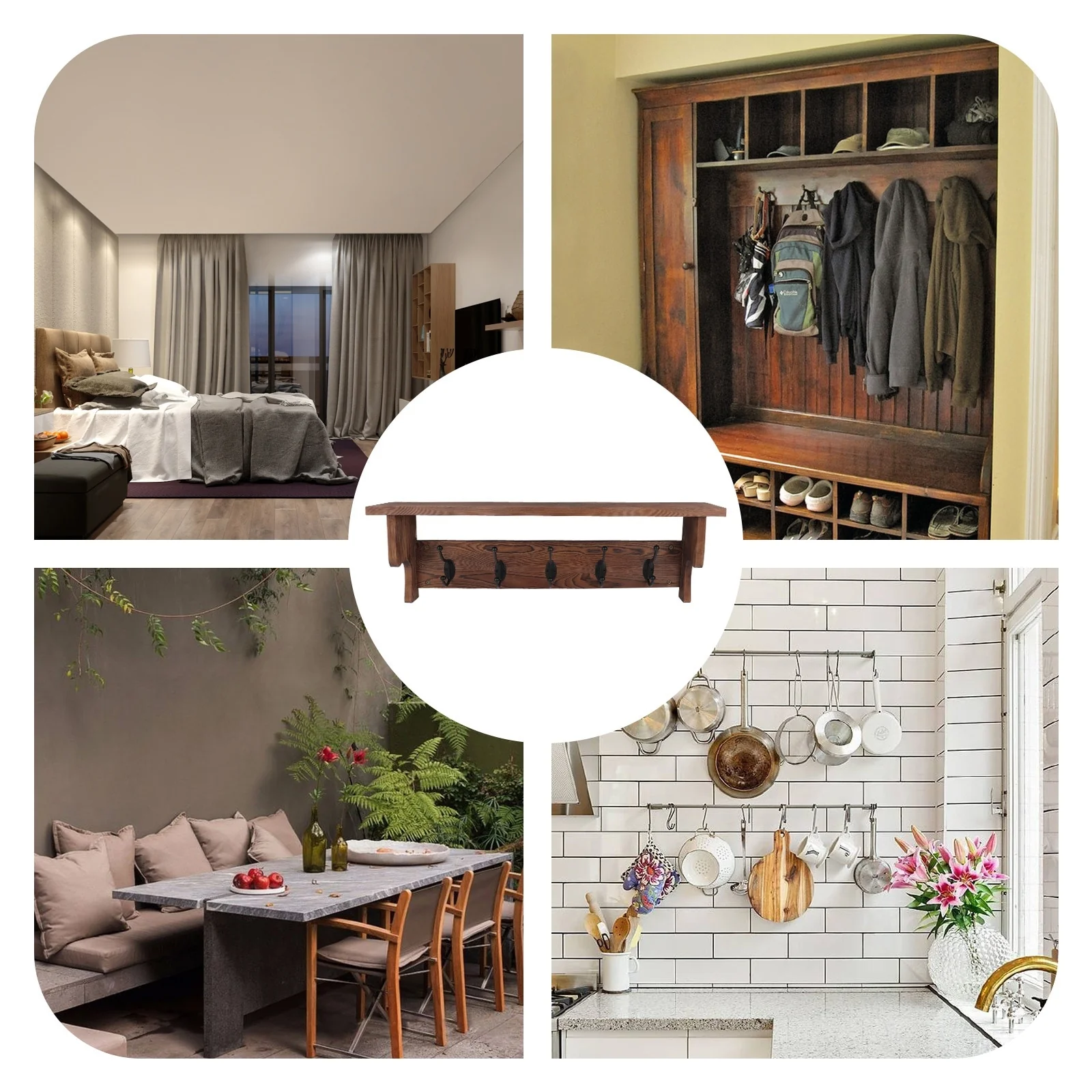 Rustic Wall Mounted Coat Rack with Storage Shelf & Metal Hooks