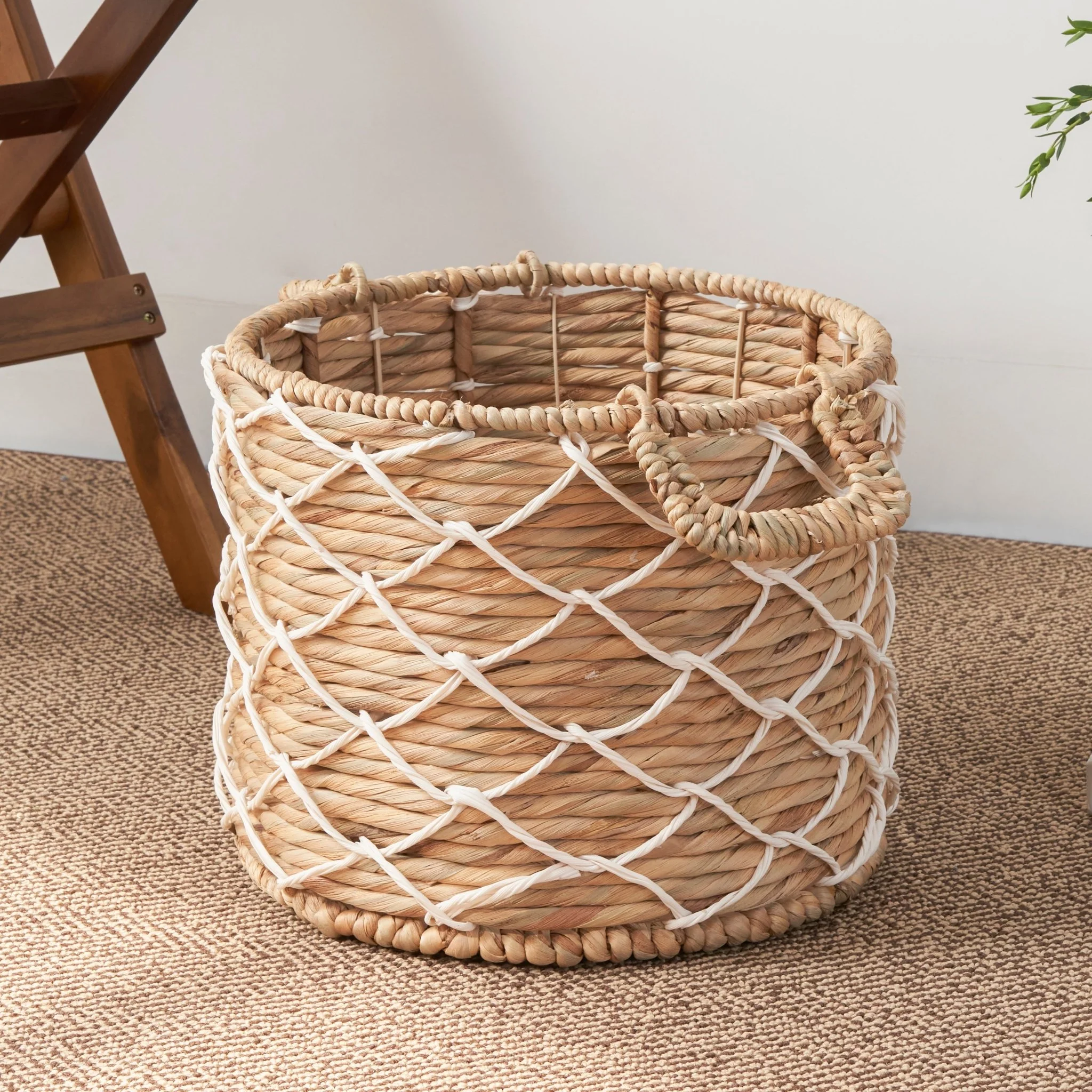 Storage Basket with Handles and Twisted Weave Pattern