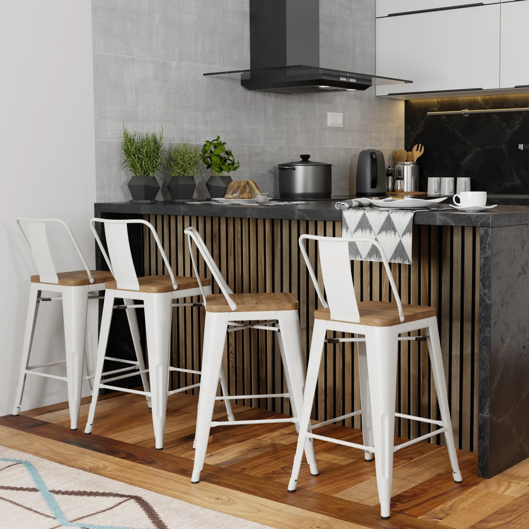 Boundless Metal/Wood Counter Stool with Curved Back, Cross Brace and Footrest, Set of 4