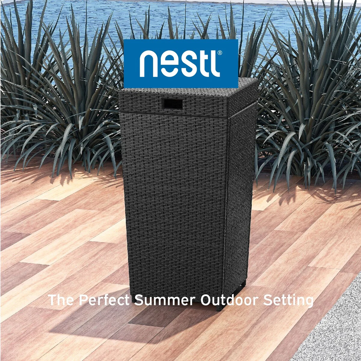 Nestl Outdoor Trash Can with Lid - 30 Gallon Durable Wicker Garbage Can for Patio