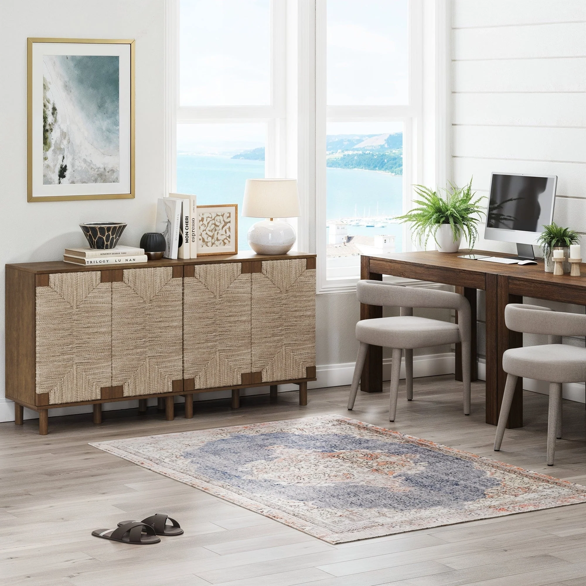 Nathan James Beacon Wood Accent Cabinet with Seagrass Doors and Adjustable Shelf
