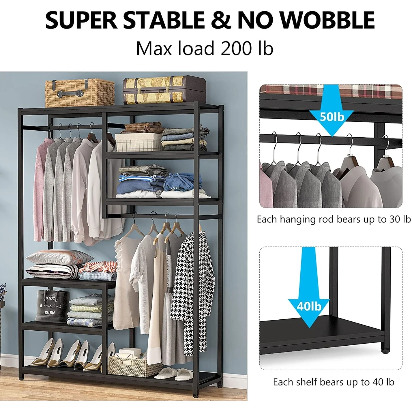 Freestanding Closet Organizer Garment Rack with Hanging Rod and Storage Shelf